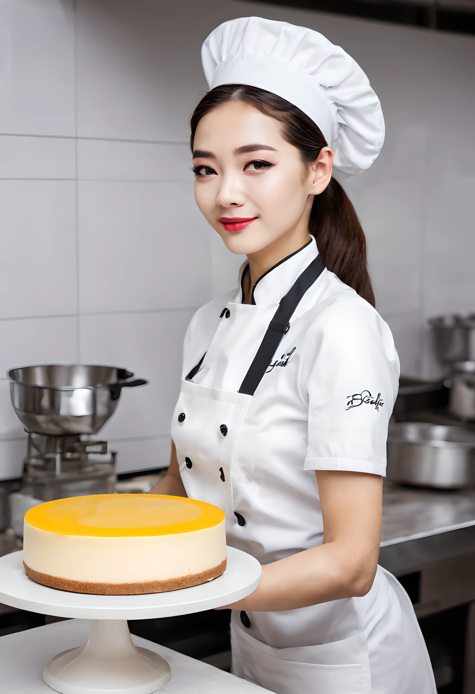 Pastry chef baking cheesecake、Female Pastry Chef、bionde、２０generation、kitchens、bule、Glamour、Beautie、