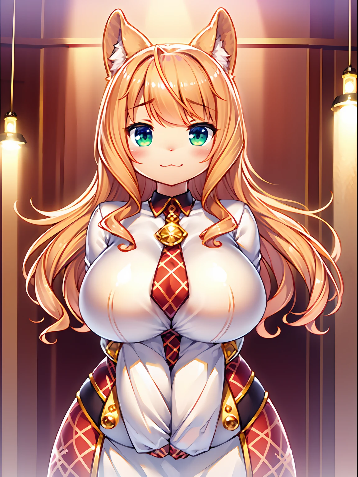 furry, white fur, ultra cute face, red elements on fur, glowing t-shrt, beautiful lights and shadows, ambient light, ultra detailed fur, volumetric light, Cat girl, big boobs, thicc, plump, chubby
