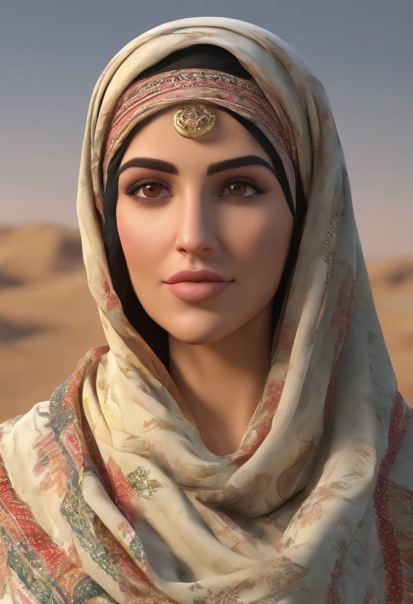 A portrait of a Palestinian woman with an Arab Chafiya wrapped around her head and looking at the camera.