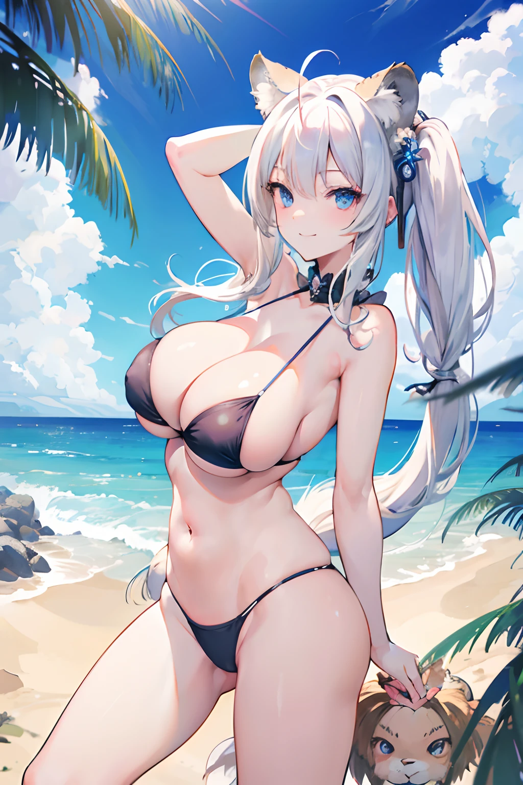 masutepiece, Best Quality, hight resolution,White-haired twin-tailed,blue eyess,Original girls,Colossal tits,fullllbody,小柄,Black bikini,Lion's ears,Smiling,Lion's tail,cleavage of the breast,Happy face,Vigorous,Sandy beaches and sea,beach balls