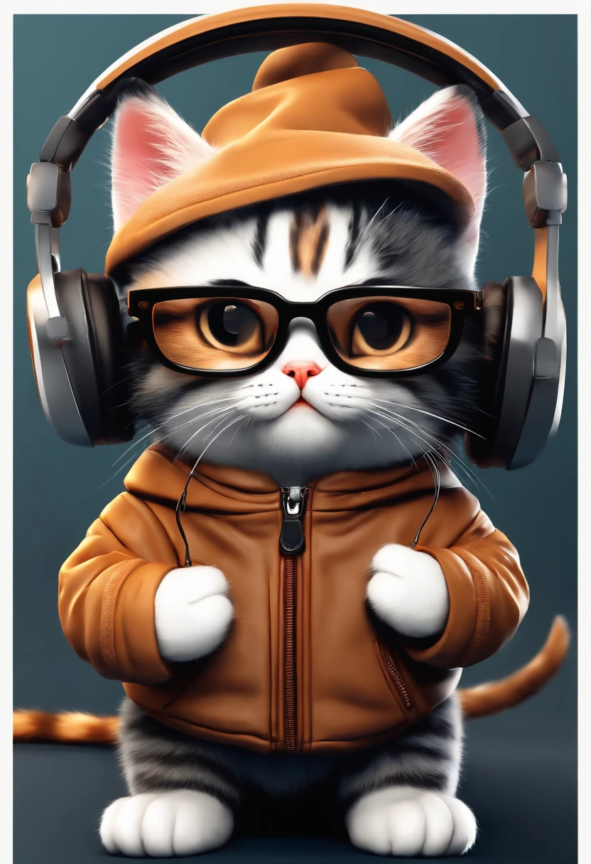 Perfect centering, Cute little cat, Wear a jacket, Wearing sunglasses, Wearing headphones, cheerfulness, Standing position, Abstract beauty, Centered, Looking at the camera, Facing the camera, Approaching perfection, Dynamic, Highly detailed, Smooth, Sharp Focus, 8K