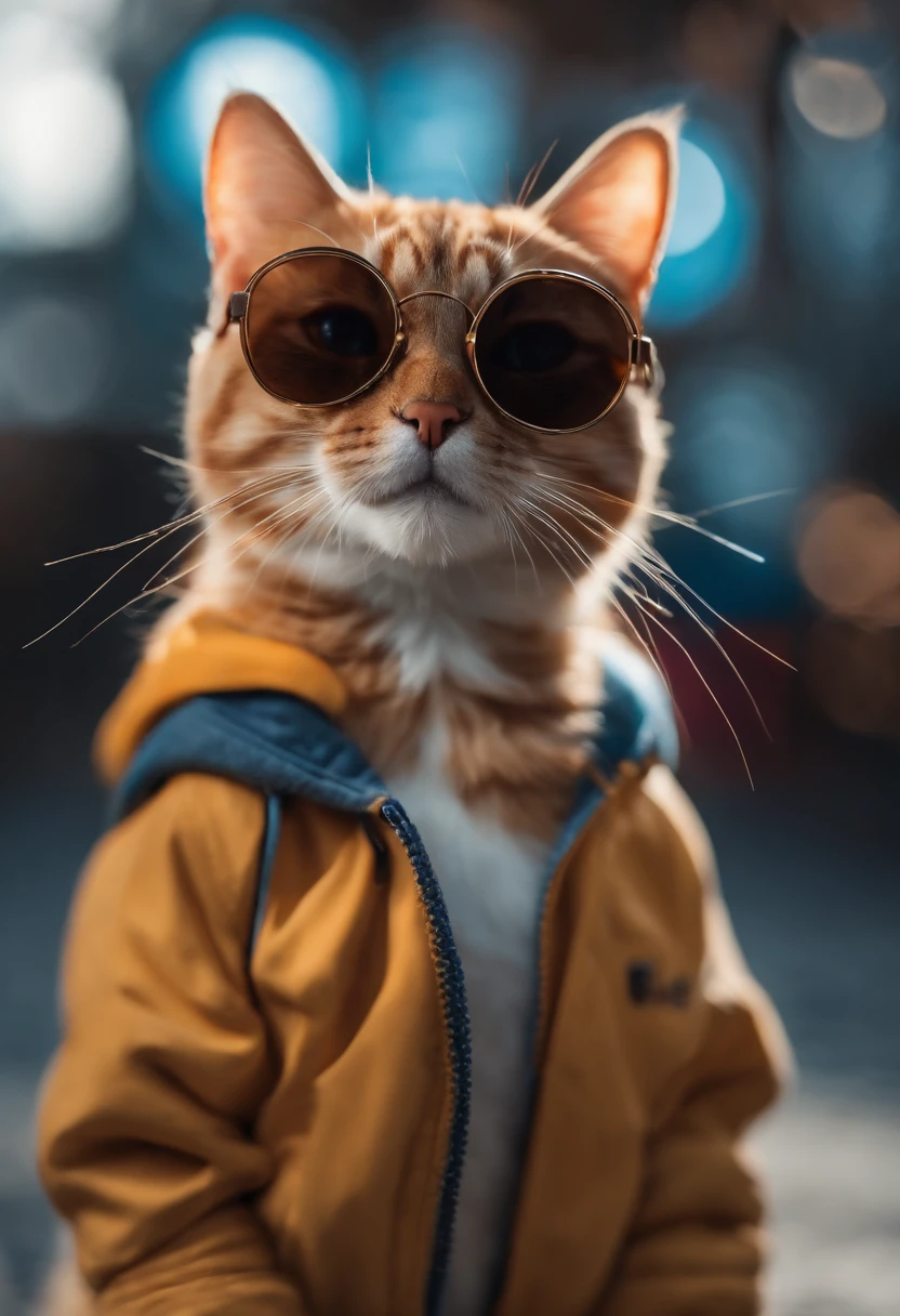Perfect centering, Cute little cat, Wear a jacket, Wearing sunglasses, Wearing headphones, cheerfulness, Standing position, Abstract beauty, Centered, Looking at the camera, Facing the camera, Approaching perfection, Dynamic, Highly detailed, Smooth, Sharp Focus, 8K