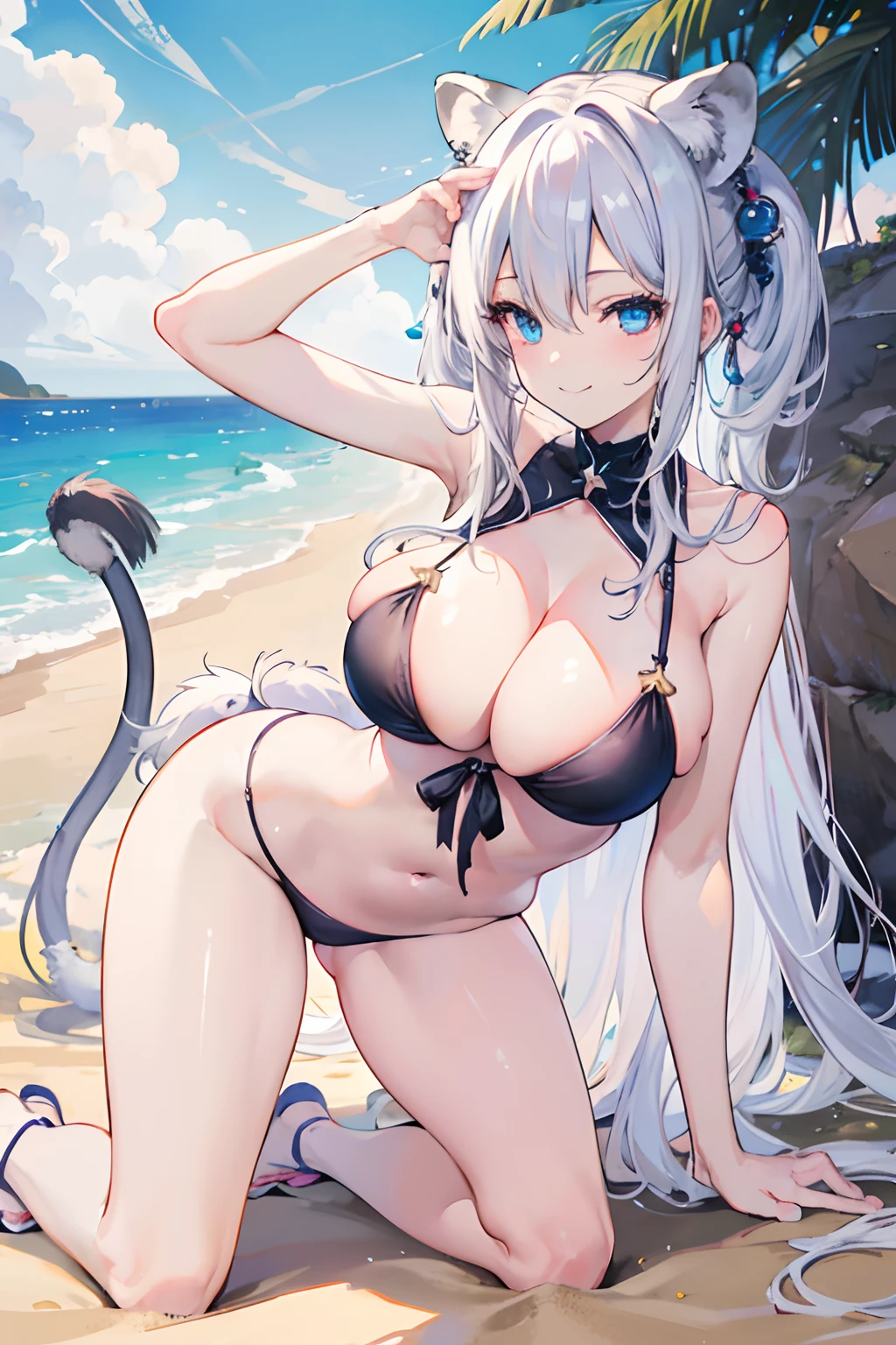 masutepiece, Best Quality, hight resolution,White-haired twin-tailed,blue eyess,Original girls,Colossal tits,fullllbody,小柄,Black Bikini,Lion's ears,Smiling,Lion's tail,cleavage of the breast,Happy face,Vigorous,Sandy beaches and sea,sexypose