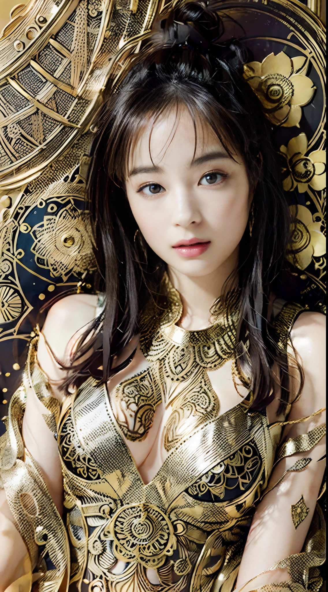 PerfectNwsjMajic,(masutepiece, of the highest quality, Best Quality, Official art, Erotic, Beautiful and aesthetic:1.2), (1girl in), ighly detailed,Colorful,highest details, Official art, Unity 8k壁纸, ultra-detailliert, Beautiful and aesthetic, Erotic and beautiful, masutepiece, Best Quality, (Zentangle, mandalas, Tangle, Entangle) ,Holy Light,gold foil,Gold leaf art,glitter drawing,
