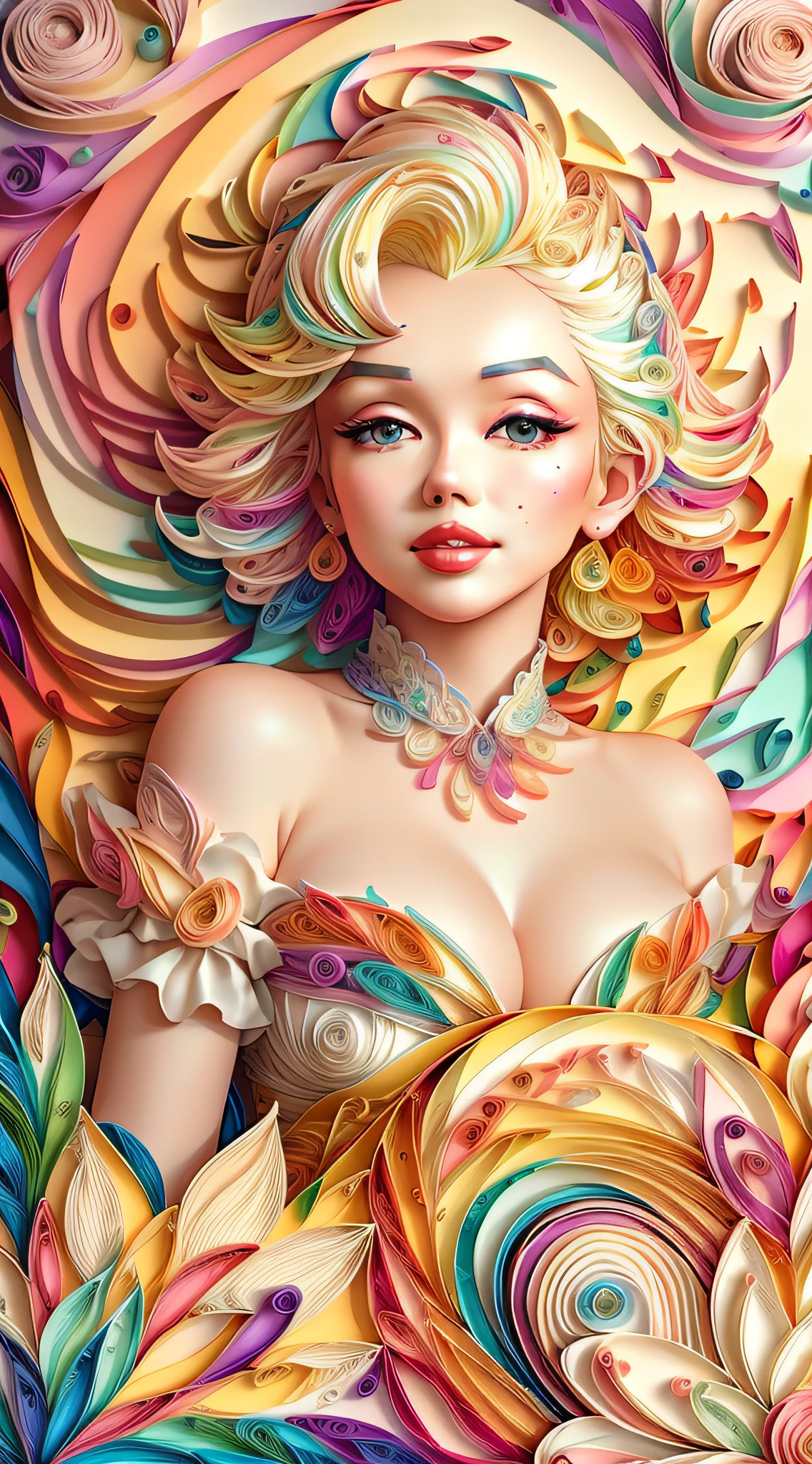 Marilyn Monroe、Multidimensional quilling paper、art by、Fractal art、Chibi、 yang08k、Beautiful fece、colourfull、 masterpiece、top-quality、top-quality、Official Art、Beautifully Aesthetic、((8K Ultra Real))