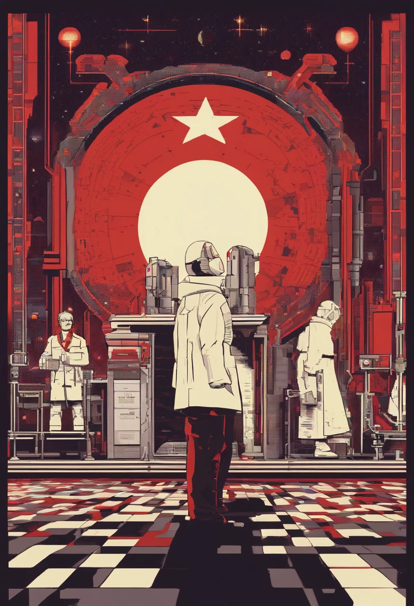 A scientist in a scientific coat turned his back to us,looking at the stars,hard core,Technologie,Red monochrome,USSR Poster,urss,communism