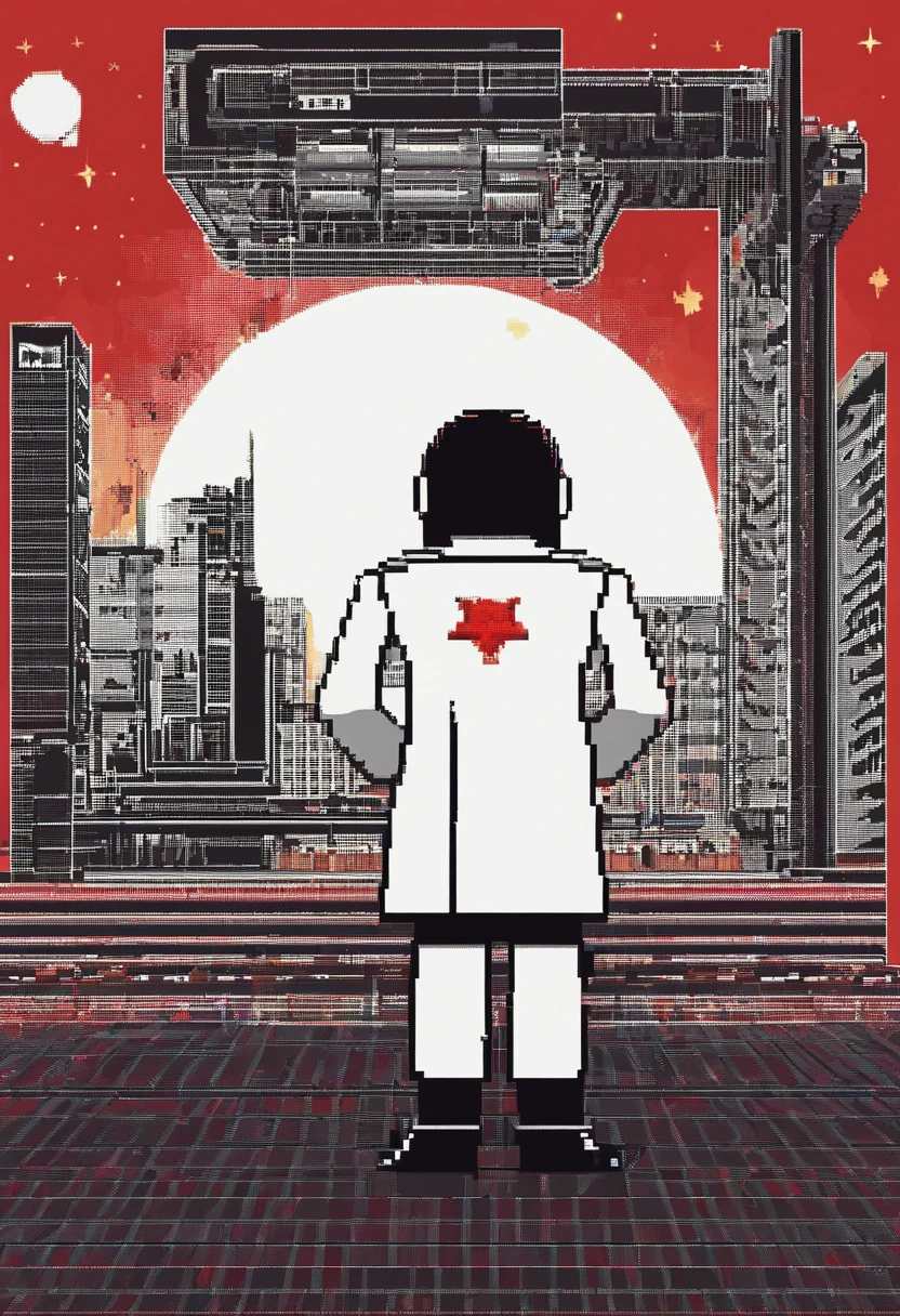 A scientist in a scientific coat turned his back to us,looking at the stars,hard core,Technologie,Red monochrome,USSR Poster,urss,communism