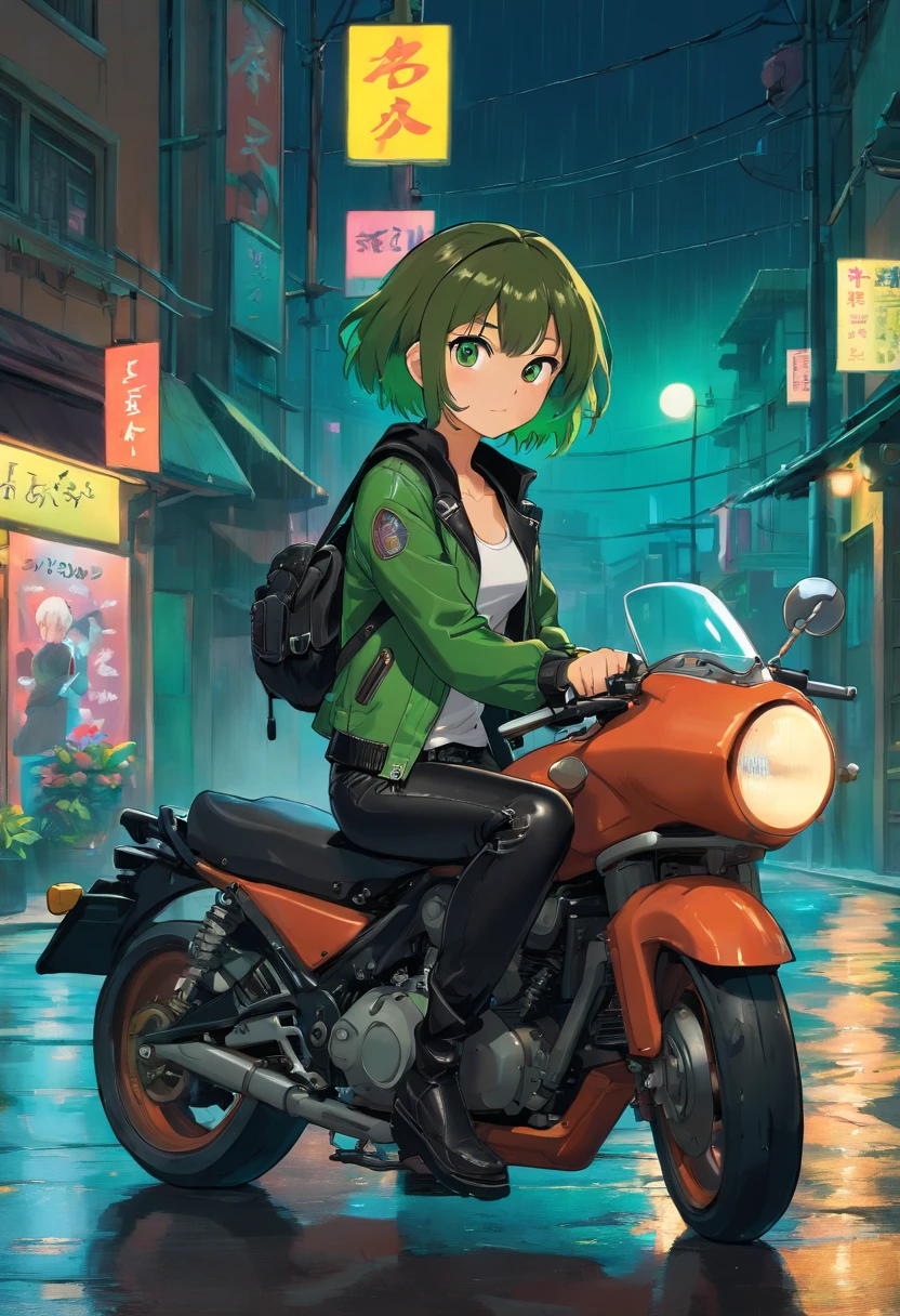 1girll, Brown skin, Short green hair, Brown eyes, wearing a black tank top, wearing black_Green leather jacket, Black leather pants, sitting on the motorcycle, At night, Black leather boots, the city street, The ground was wet with rain, fall, during night, Neon login background, Beautiful, absurderes, A high resolution, ultrasharp, 8K, Masterpiece, view the viewer.