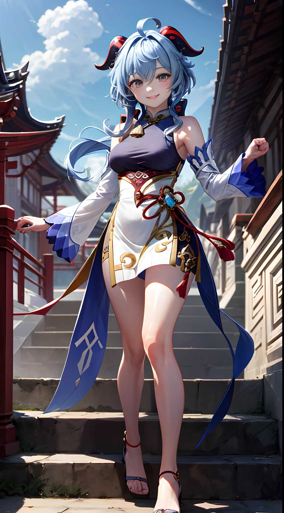 fighting stance, ganyudef, smile, blush, exteriors, In the daytime, simple background, blue-sky, short detailed hair, Sky-sky, temple, looking at viewers, stairways, mont, moody light，high-definition picture quality，Charming, smiling expression, Be red in the face, White cheongsam, Bare legged, middle rounded breast, fashion model posing, (Masterpiece, Best quality:1.4), professional artwork, intricate details, sharp focus, detail painting, photorealistic, trending on pixiv, realistic shadow,