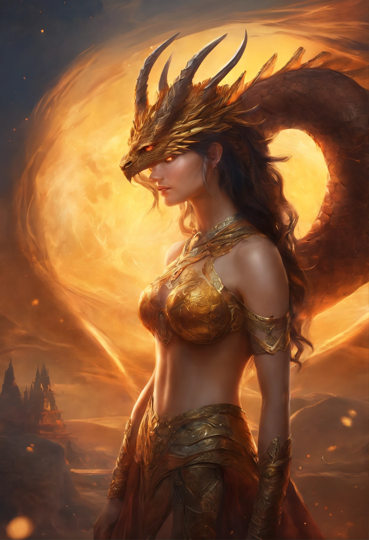 ((realistic:1.5)),((best quality)), ((masterpiece)),((detailed)), (1girl), a beautiful female (upper body:1.3),super-wide-angle lens, face focus, toned muscles, long legs, barefoot, slim thighs, narrow hips, green eyes, long eyelashes, small breasts, (perfect detailed face, perfect beautiful eyes, detailed clothes features, volcano background:1.3), (Normal skin, short messy black hair, outlined eyes, outlined face, bracelet, Full body), wearing gold dragon armor, best shadow, bright details, sharp, perfect composition, Intricate, Sharp focus, dramatic, by Julie Bell, by Olivia De Berardinis, by Luis Royo, by Boris Vallejo