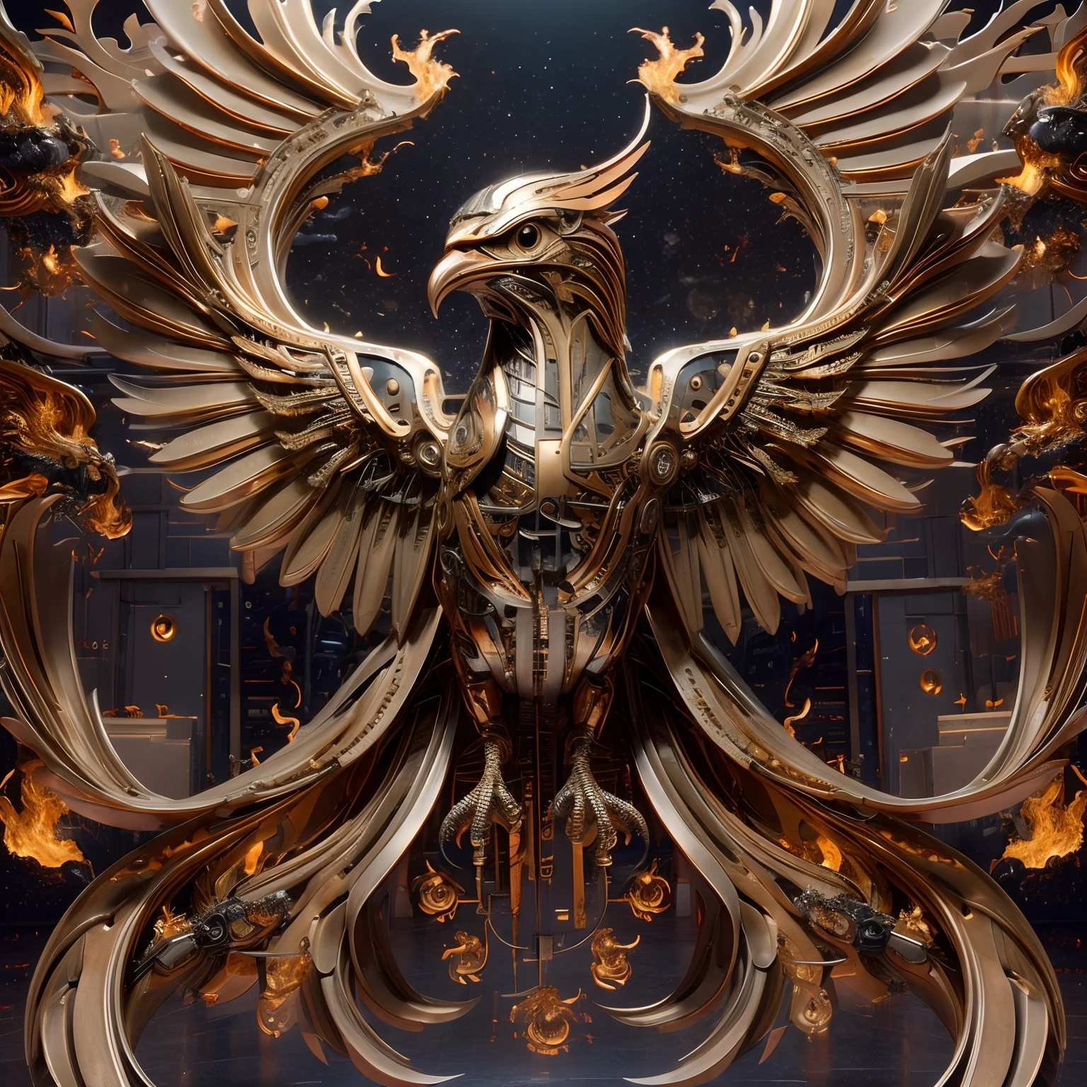 ((Best quality)), ((Masterpiece)), (Very detailed: 1.3), 8K, Giant mechanical phoenix, Wings, eagle claws, feater, Metallic texture, Futuristic style, mechanicalparts, High-tech, Sharp eagle beak，(The whole body is fiery red)，(Bubbling with fire)，intricately details, Majestic, Flying pose, Dynamic composition, Vibrant colors, Best lightning, dystopian, Full view, soaring through the sky