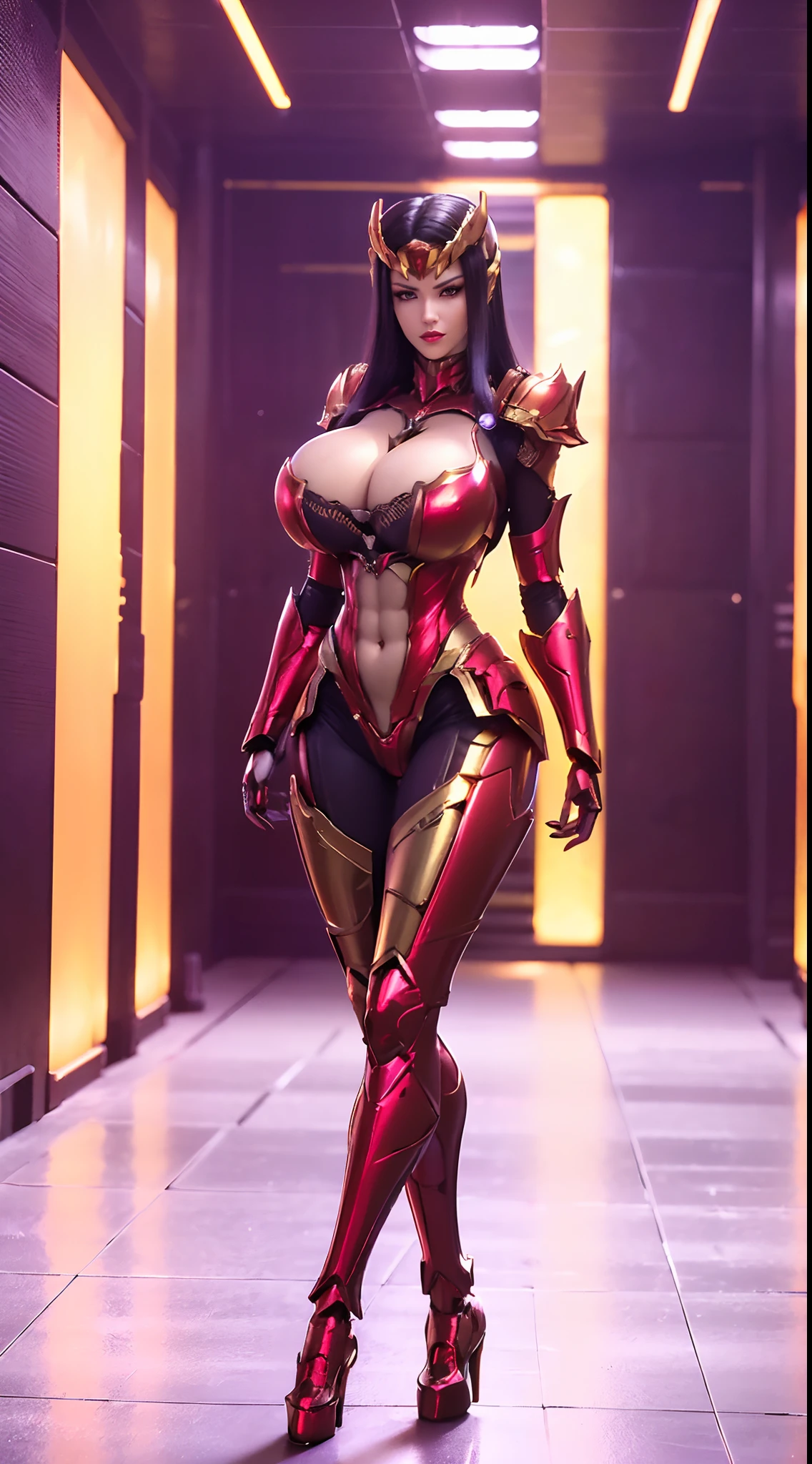 (1GIRL, ALONE, SOLO), (super detailed face), (dark long hair: 0.8), ((Phoenix Headwear)), (BIG BUTTOCKS, 11 LINE ABS, NSFW CLEAVAGE, HUGE FAKE BREASTS:1.5), (GOLD MECHA GUARD ARM:1.3), (RED SHINY MECHA CYBER ARMORED, PURPLE MECHA SKINTIGHT SUIT PANTS, MECHA GUARD ARMOR LEGS, HIGH HEELS:1.5), (THICC MUSCULAR FEMALE BODY, GLOWING SKIN, LONG LEGS, FULL BODY:1.1), (LOOKING AT VIEWER:1.3), (female focus:0.886), (WALKING DOWN HALLWAY OF FUTURISTIC SPACE STATION:1), (BRIGHT LIGHT ROOM:1.5), SUPER TEXTURE, UNREAL ENGINE RENDER, PHYSICALLY-BASED RENDERING, ULTRA HIGHT DEFINITION, 16K, 1080P.