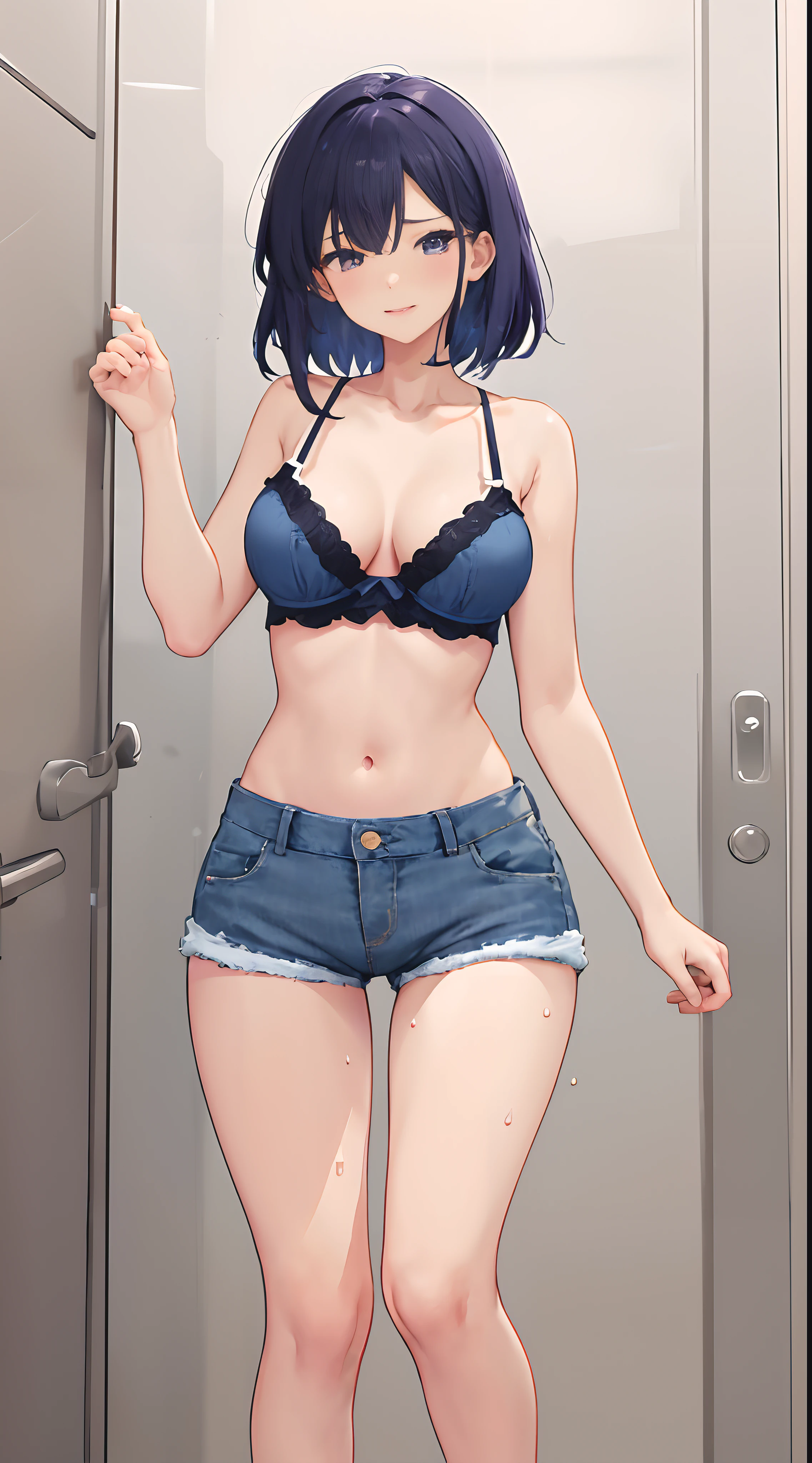 4k高清,1girll, 独奏, She wears lace lingerie,Wear blue denim shorts,Exposing thighs,Large of breast,Perfect hands,Body sweating,Black color hair
