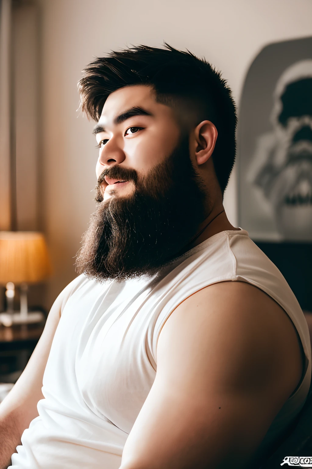 A 20 year old Chinese man is looking at the camera with a surprised expression. His mouth is open, revealing his tongue. He is white skinned, has a big beard. He is very corpulent bulky but muscled. He has black hair and he has a very hairy chest. He flexes his arm as his other hand caresses his body. The background is a well-lit bedroom. He has a big bushy beard and thick eyebrows. he is handsome. 8k wallpaper, absurdres, incredibly absurdres, huge filesize, ultra-detailed, highres, extremely detailed,