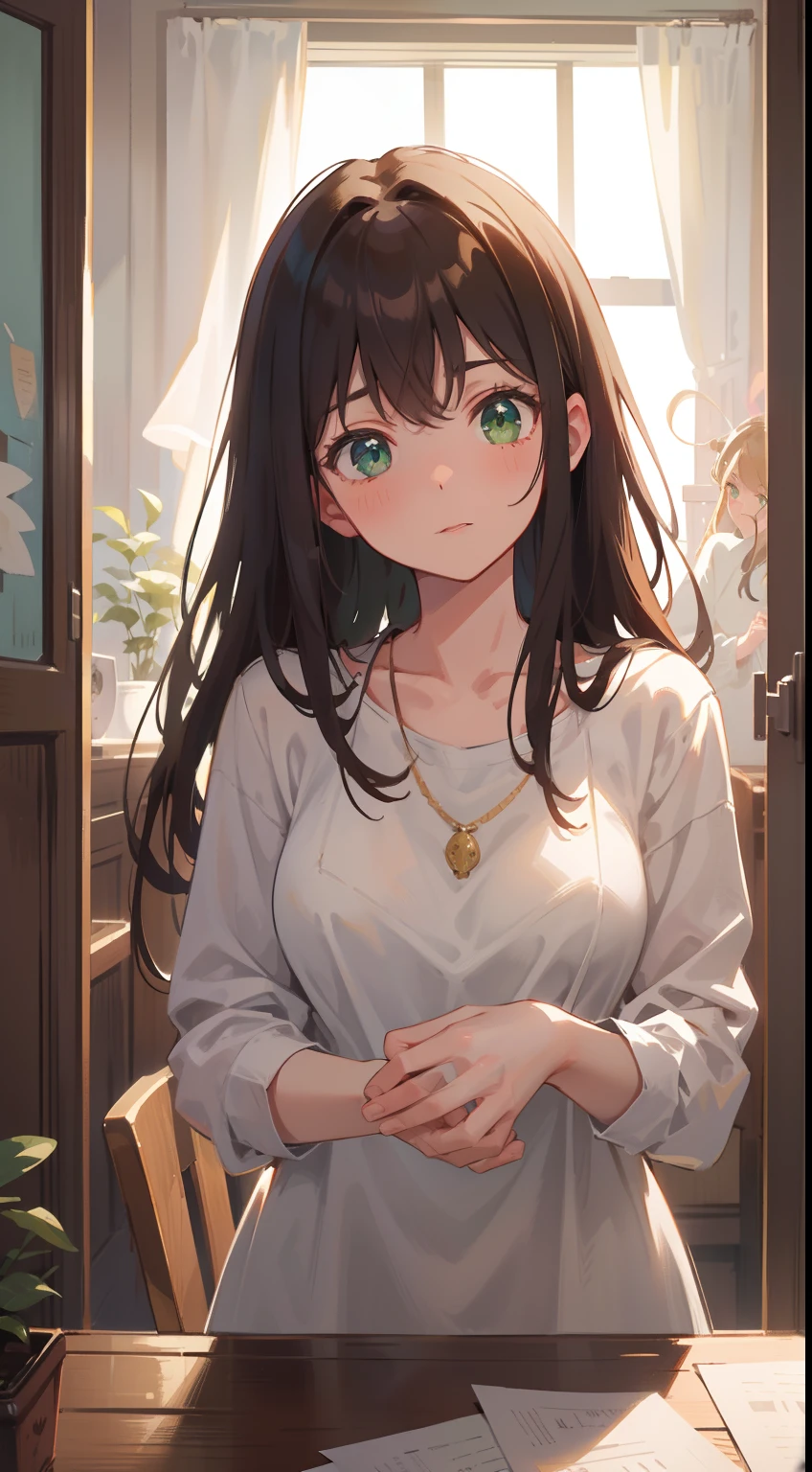 (masterpiece), (best quality), ultra high res, warm pastel tone, upper body, (from ground), ((1 mature woman, solo)), very stunning and gorgeous mature woman, beautiful detailed hair, chestnut brown hair, smooth long hair, beautiful detailed face, perfect beautiful face, (perfect beautiful eyes, green eyes), look at the viewer, terrified face, feminine white outfit, in haunted room, ghosts surrounded by
