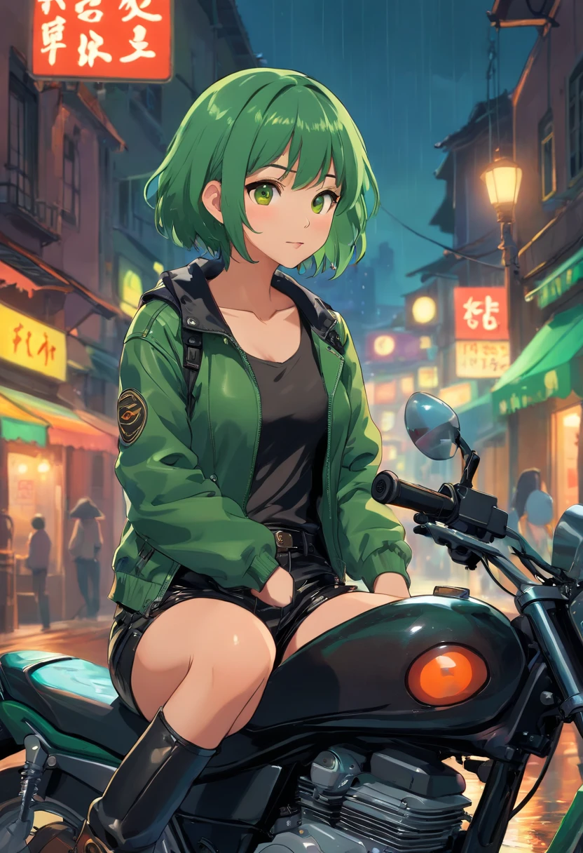 1girll, Brown skin, Short green hair, Brown eyes, wearing a black tank top, wearing black_Green leather jacket, Black leather pants, sitting on the motorcycle, At night, Black leather boots, the city street, The ground was wet with rain, fall, during night, Neon login background, Beautiful, absurderes, A high resolution, ultrasharp, 8K, Masterpiece, view the viewer.