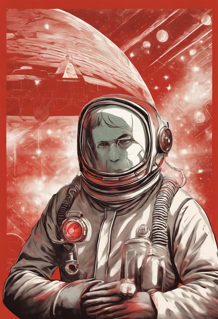 A scientist in a scientific coat turned his back to us,looking at the stars,hard core,Technologie,Red monochrome,USSR Poster,urss,communism