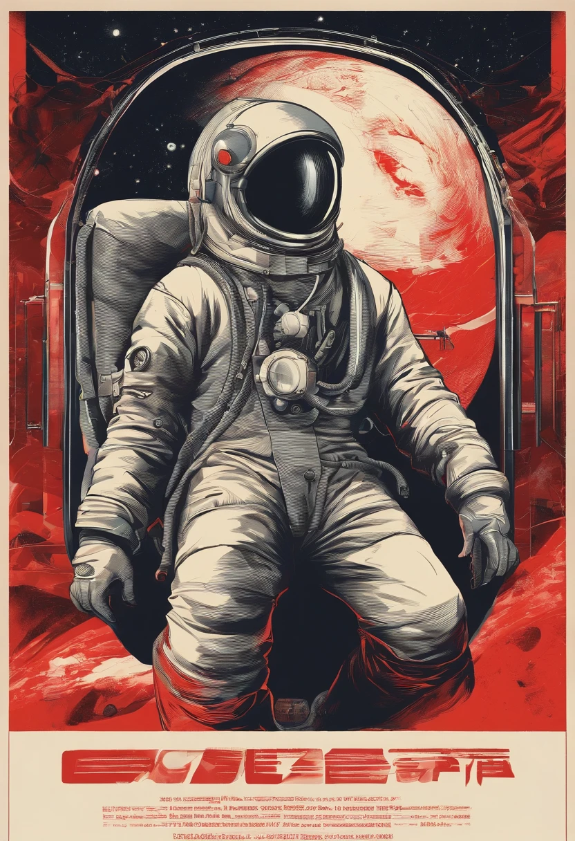 A scientist in a scientific coat turned his back to us,looking at the stars,hard core,Technologie,Red monochrome,USSR Poster,urss,communism