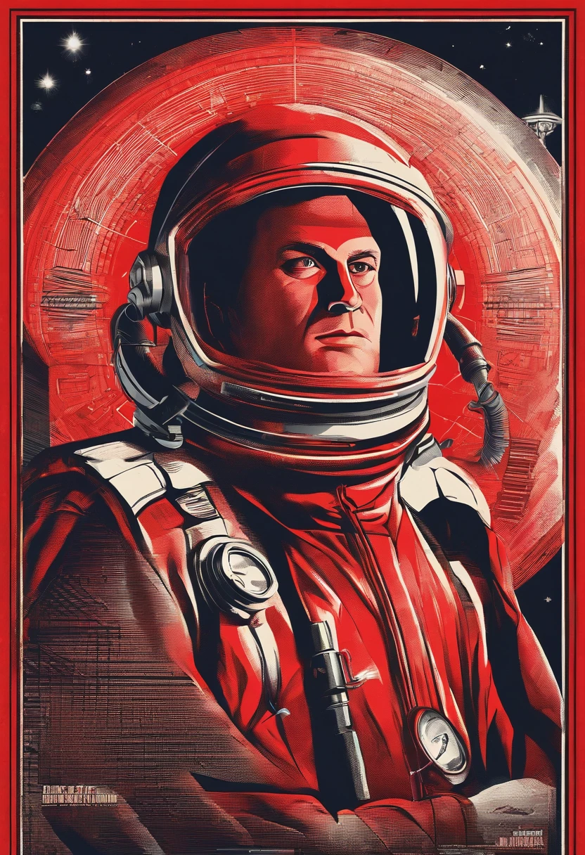 A scientist in a scientific coat turned his back to us,looking at the stars,?????????,Technologie,Red monochrome,USSR Poster,urss,communism