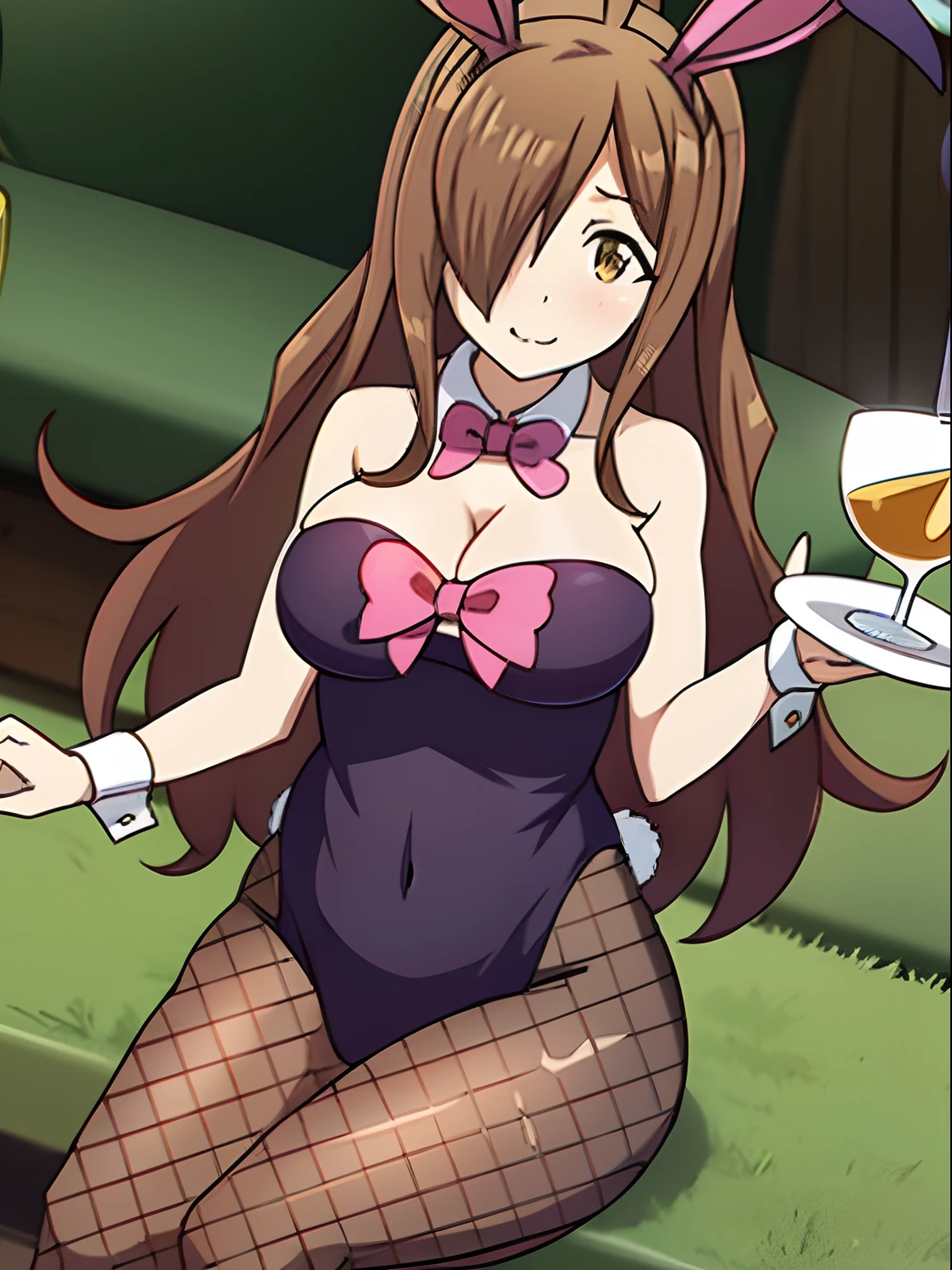 a woman in a bunny ears outfit holding a tray, long hair, breasts, large breasts, brown hair, bow, animal ears, cleavage, brown eyes, sitting, tail, ahoge, pantyhose, bowtie, rabbit ears, hair over one eye, leotard, cup, wrist cuffs, detached collar, fake animal ears, playboy bunny, rabbit tail, fishnets, drinking glass, fishnet pantyhose