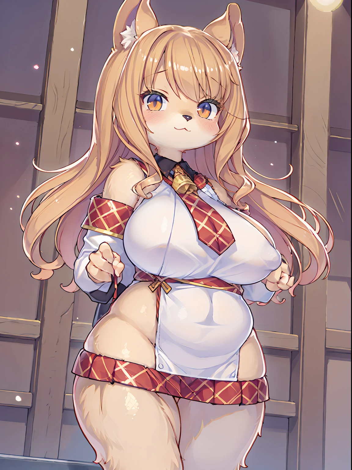 furry, white fur, ultra cute face, red elements on fur, glowing t-shrt, beautiful lights and shadows, ambient light, ultra detailed fur, volumetric light, Cat girl, big boobs, thicc, plump, chubby