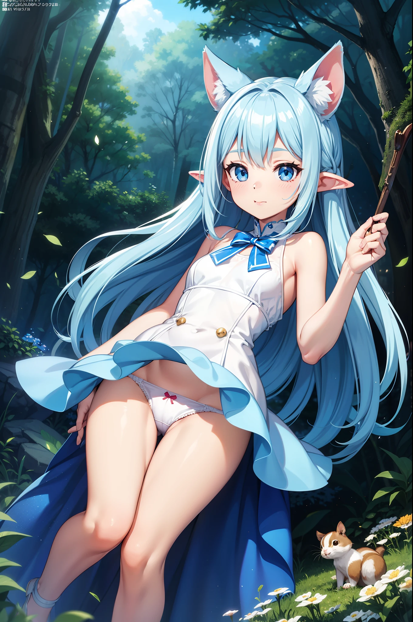In the forest、There is a small white rabbit with long ears, White long ears、I'm with a pretty girl with long blue hair。It is a cute white and blue costume White panty Dark eyes。cute forest creature, Cute mushrooms also grow、Adorable Digital Painting, cute detailed digital art, the squirrel king, Cute digital art, cute cartoon characters, cute character, CuteCreatures, Cutie, official illustrations, Official art, squirrel, maplestory mouse, astri lohne, cute 3d render