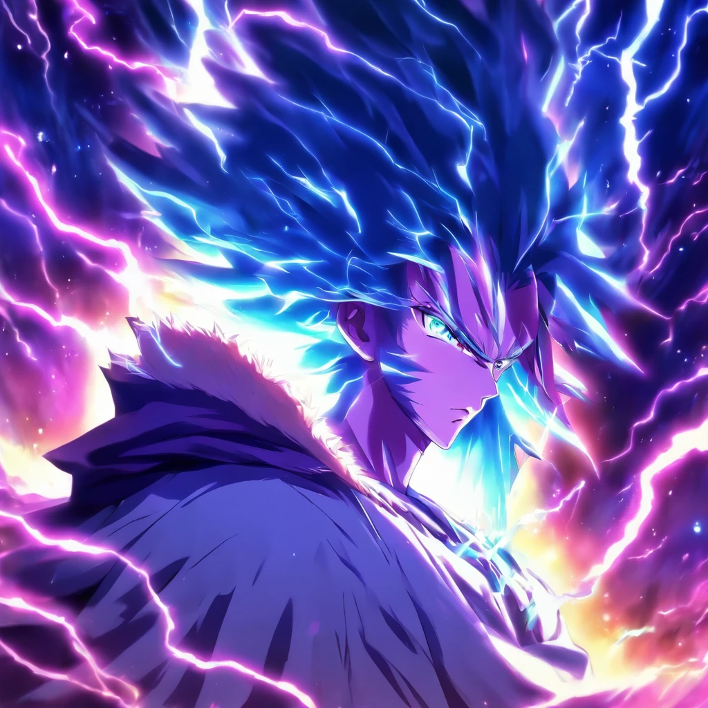 A handsome anime boy，Long flowing hair，White robe，Melancholy eyes，Unhappy，In the valley，A bleak wasteland，steins，Black magic，The background is night，dark cloude，with lightning，Faraway view，
