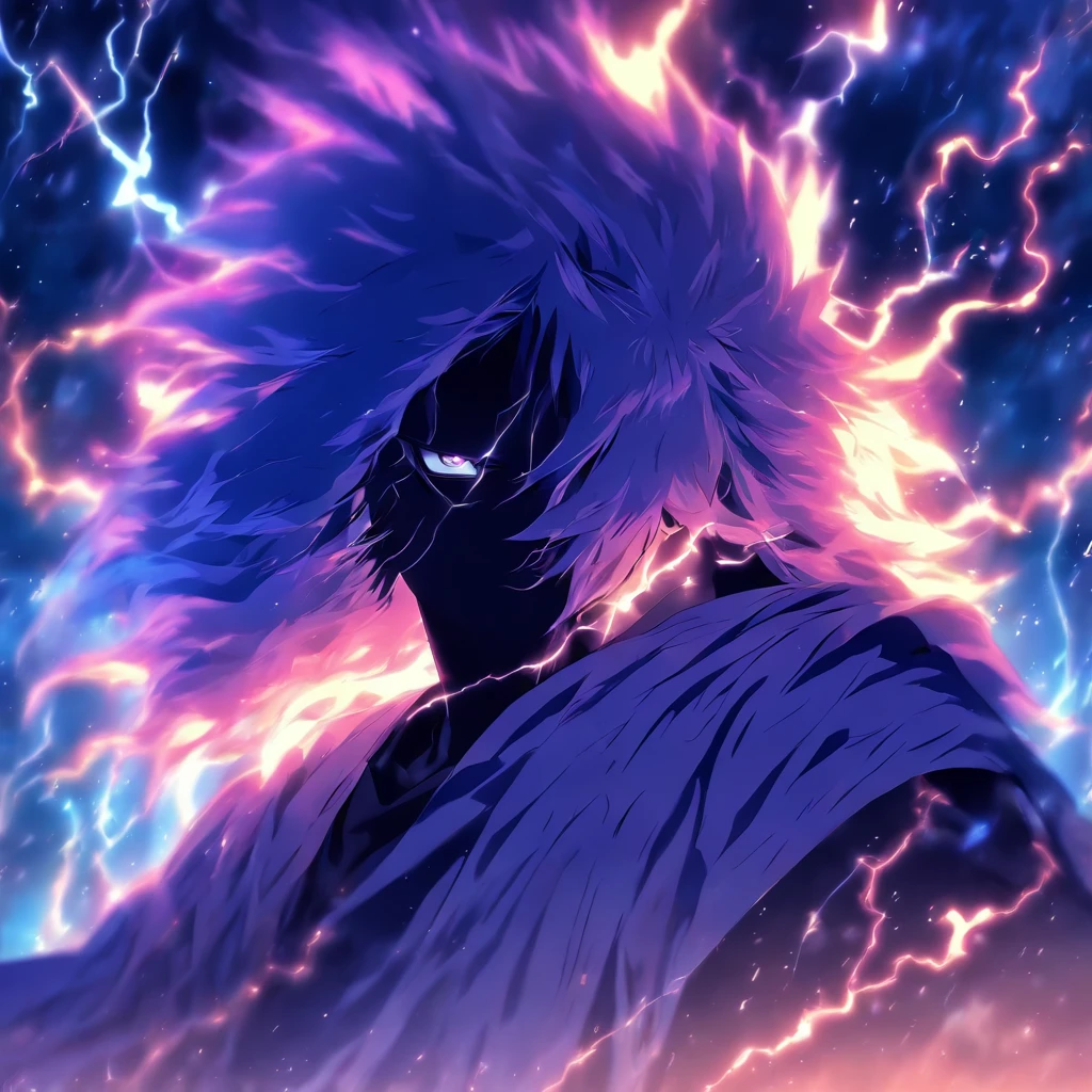 A handsome anime boy,Long flowing hair,White robe,Melancholy eyes,Unhappy,In the valley,A bleak wasteland,steins,Black magic,The background is night,dark cloude,with lightning,Faraway view,