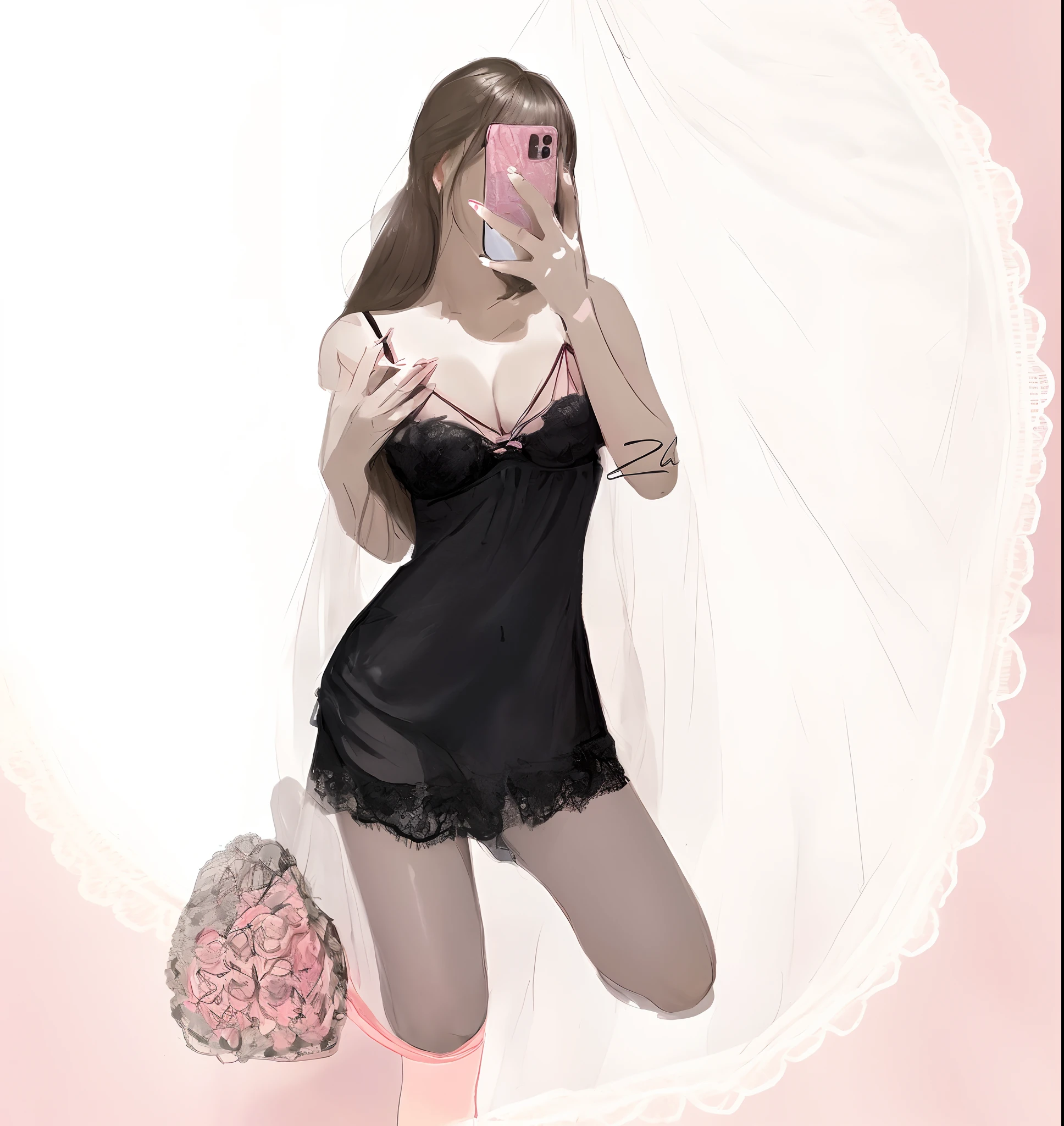 arafed image of a woman in lingerie and a phone, open v chest clothes, loli in dress, soft anime illustration, fullbody commission for, transparent white dress, in clothes! highly detailed, seductive lingerie, seductive , realistic clothing, [ digital art ]!!, lingeries beauty, dress and cloth, lingerie, ((2d, flat color, drawing, crayon drawing))