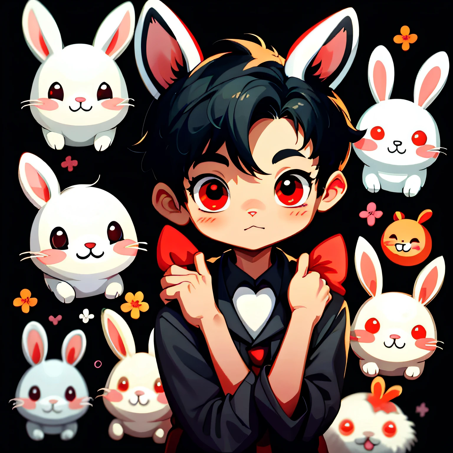 Emoticon pack,bunny\(organism\),A boy with,simple backgound,Cartoon Cute,full bodyesbian,Red eyes,Black hair