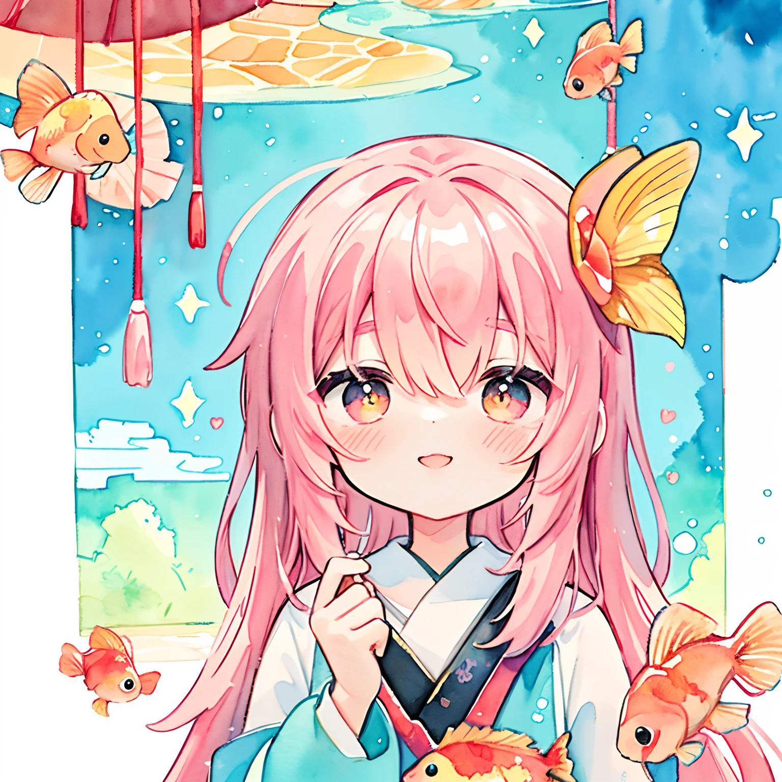 (PastelColors:1.5)、(Cute illustration:1.5)、(watercolor paiting:1.2)、(1 girl:1.0)、hair between eye、Blue background、Red fluttering clothes,Lots of flutter、 Good Style、Glitter in the heart、White and red motifs, Light red hair、Cute, Head flutters、Happiness is playing、celebration、Thanksgiving、length hair、Undulating hair、Goldfish motif、Smile,Upper body, Fantasy, Detailed picture、A slight smil、Toyowa Toyowa、goldfish、Red goldfish、Goldfish swim around a girl、In the water、watercolor paiting、Moya、Hair swaying