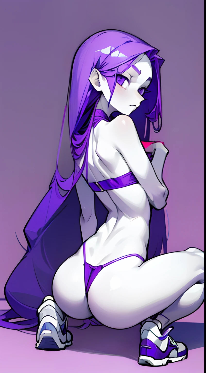 Girl with long thin purple hair, White Skin Skin, Vysokoch, Skinny, beatiful face, sharp facial features, little chest, in a thong without a bra, white sneakers, Squatting, spreads the legs, seen from behind, ass