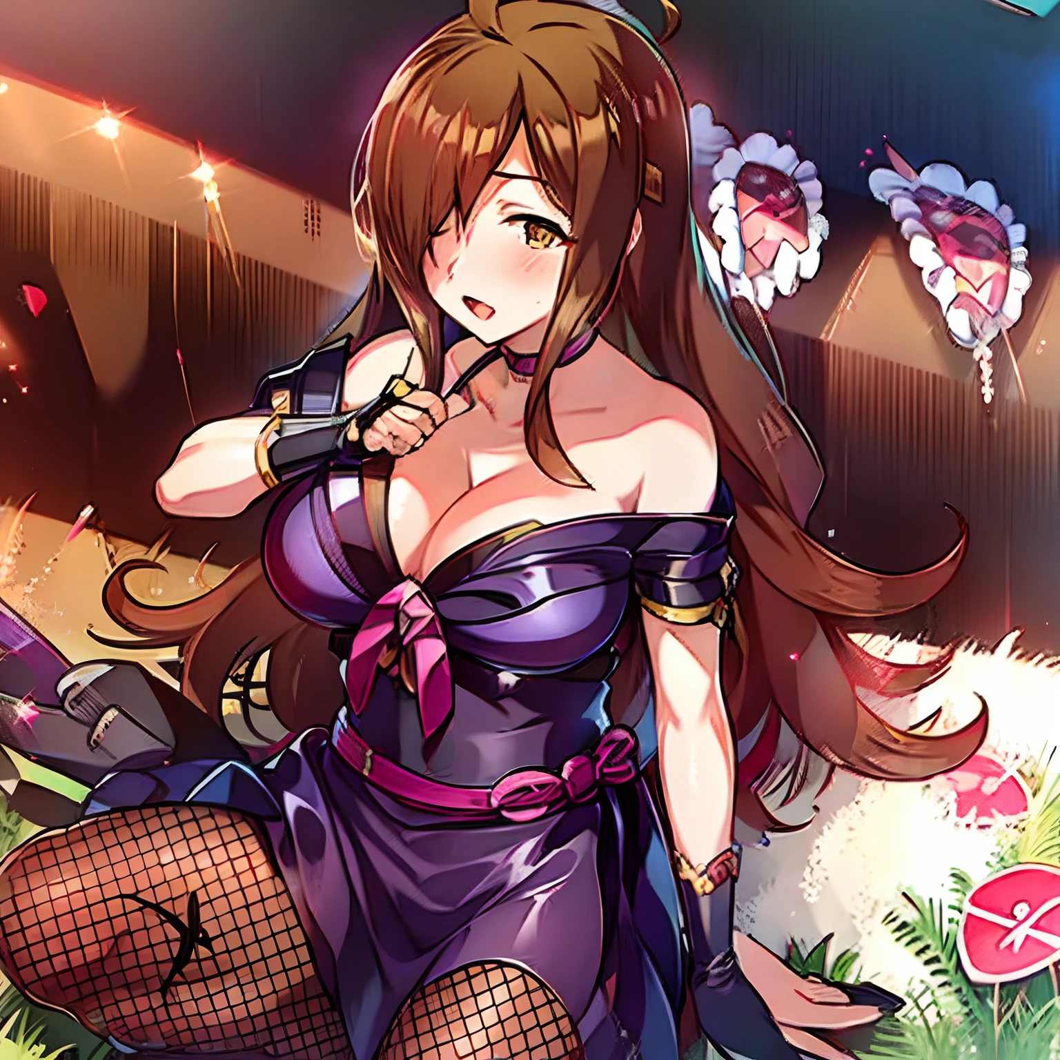 a woman in a dress holding a knife, long hair, breasts, blush, open mouth, large breasts, brown hair, gloves, cleavage, bare shoulders, brown eyes, collarbone, weapon, ahoge, japanese clothes, choker, hair over one eye, cosplay, fishnets, ninja, kunai