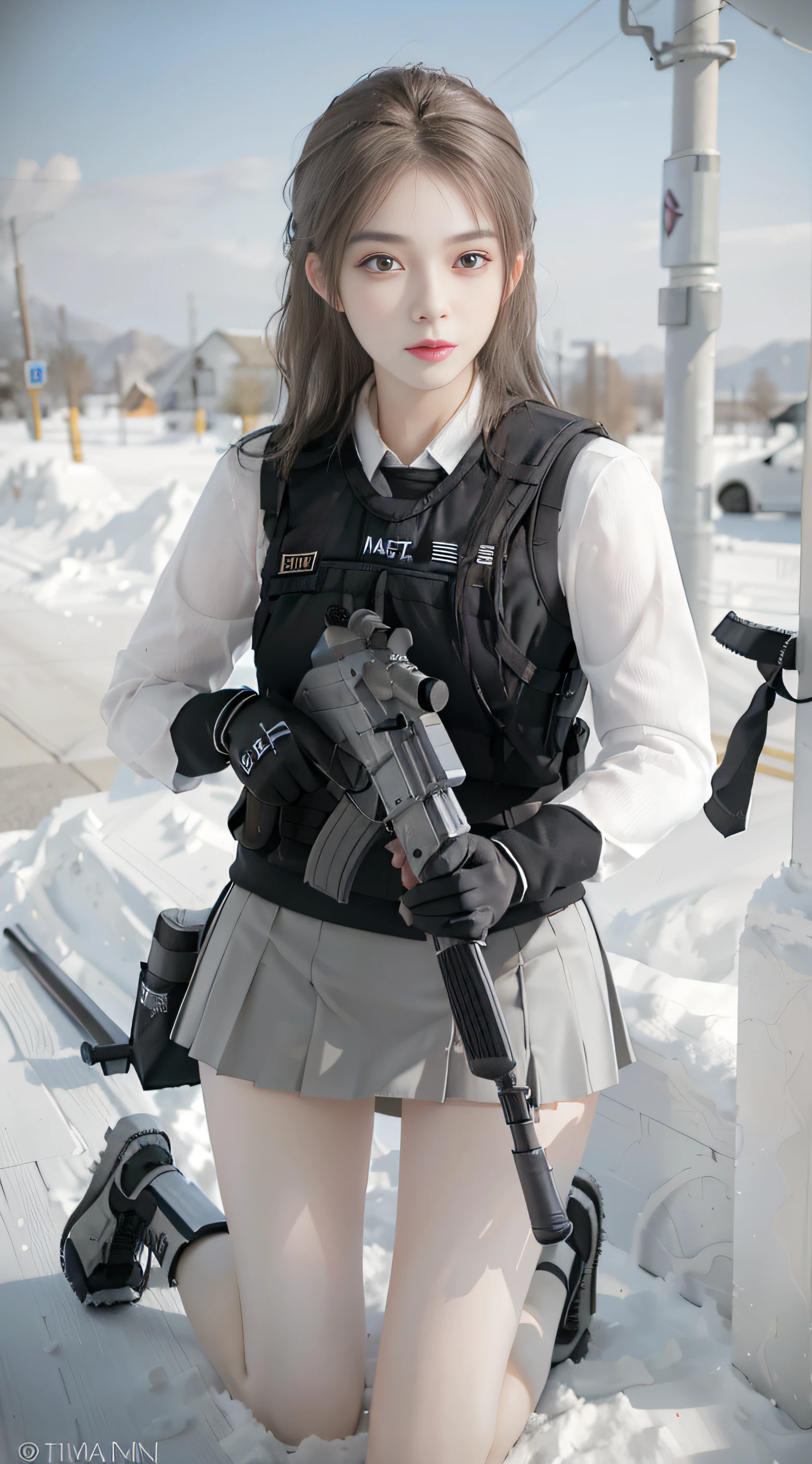 ((Best quality)), (Masterpiece), Photorealistic, Photorealism, A girl kneels and aims with an AK-47 assault rifle, Mini skirt, (upper legs), Photorealistic, high resolution,Snow background, looking to the camera, (Detailed face), Purple hair, SWAT vests, Gun, jewelry，Black gloves,, Fingers are occluded