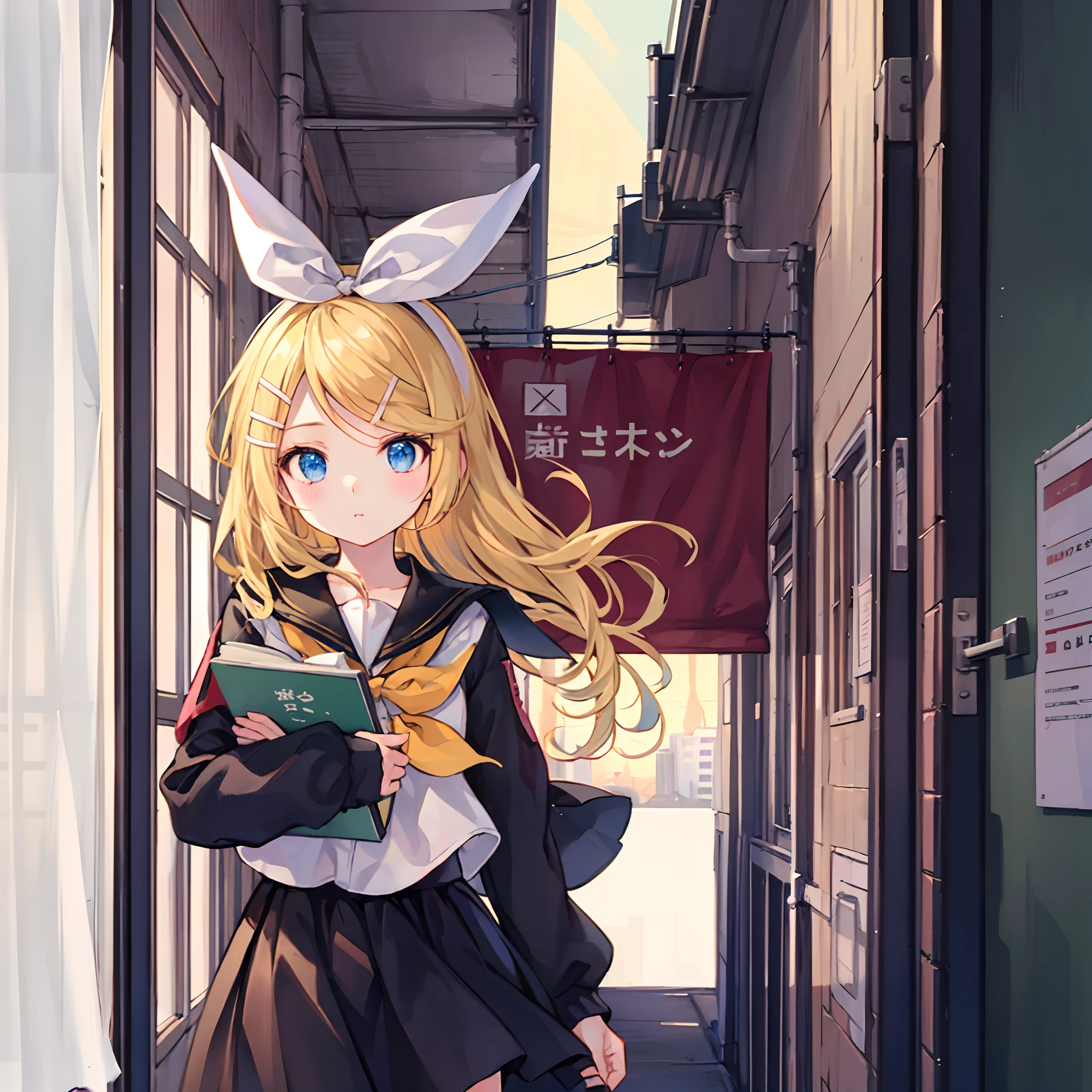 Kagamine Rin , por rubio , coletas 、ojos rojos、Hermosa chica sola、quimono、una minifalda、aula de escuela 、sentado en pupitre , luz de atardecer (entrando por la ventana , cortinas que se mueven un poco con el viento