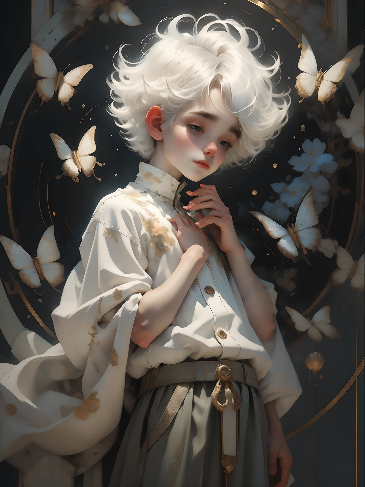 It shows a silhouette of a beautiful boy with his hands crossed and thinking. He has short silver-white hair and wears a white skirt. The skin on his upper body is fair and flawless, silver-white, with a mysterious and dreamy color. The whole image design is simple and dreamy. The style features bright pastel colors, the boy has a beautiful and delicate face, exuding a mysterious and charming aura, close-up --ar 1:1 --s 180