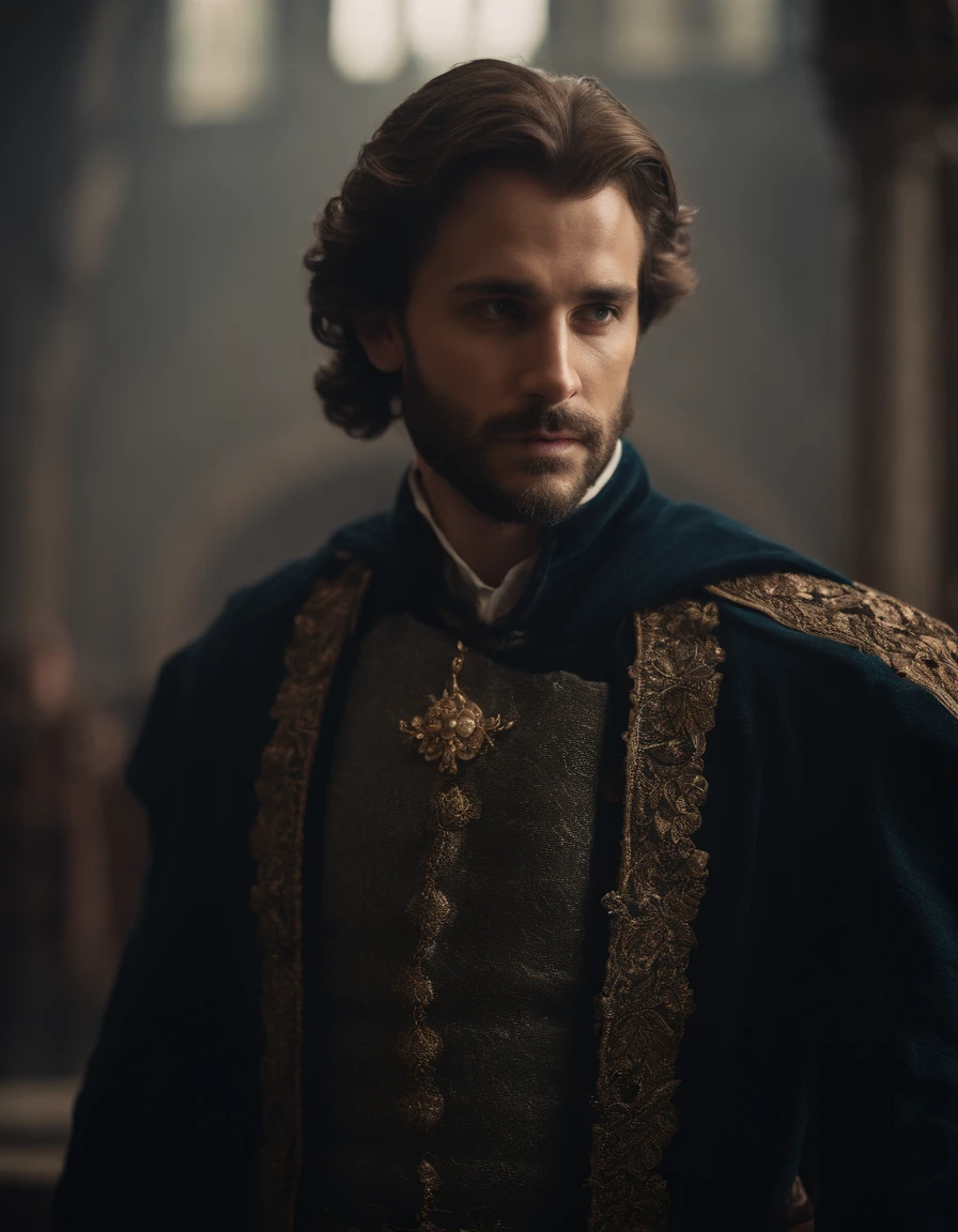 Cinematic portrait, ((upper body)), facing the audience, (Reality :1.3), the world's most beautiful artwork photo, a man looking into the camera, Gothic costume, detailed beautiful face, action shot, (Intricate :1.4), simple background, global lighting, photorealistic, CG, Art Station