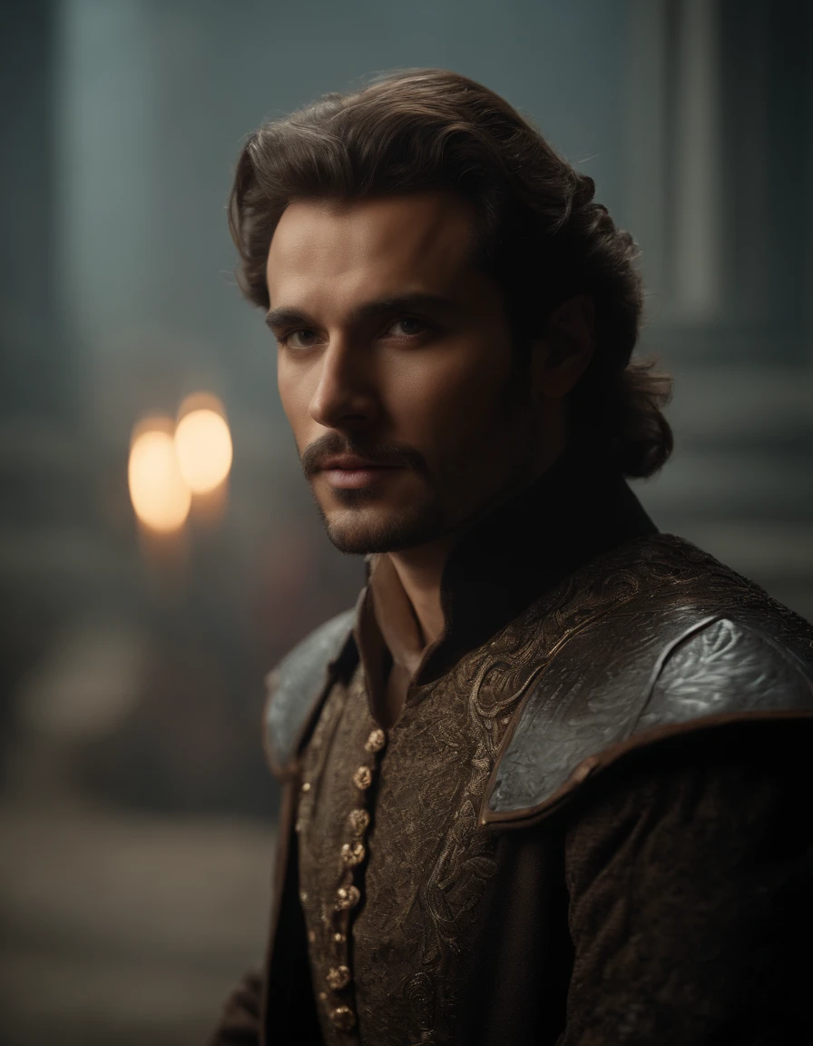 Cinematic portrait, ((upper body)), facing the audience, (Reality :1.3), the world's most beautiful artwork photo, a man looking into the camera, Gothic costume, detailed beautiful face, action shot, (Intricate :1.4), simple background, global lighting, photorealistic, CG, Art Station