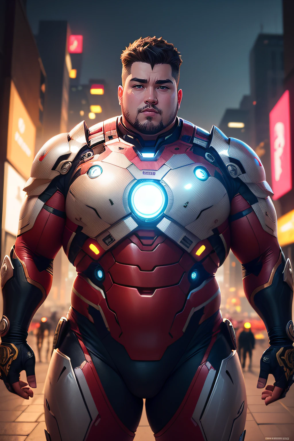 a very fat male ironman, cute pose, detailed face, detailed fat body, detailed outfit (reality: 1.4), (A hyper-realistic), (high resolution), (8K), (highly detailed), ( Best Illustration), (detailed eyes), (ultra-detailliert), Bright lighting, Professional Lighting, The background is a cyberpunk city.