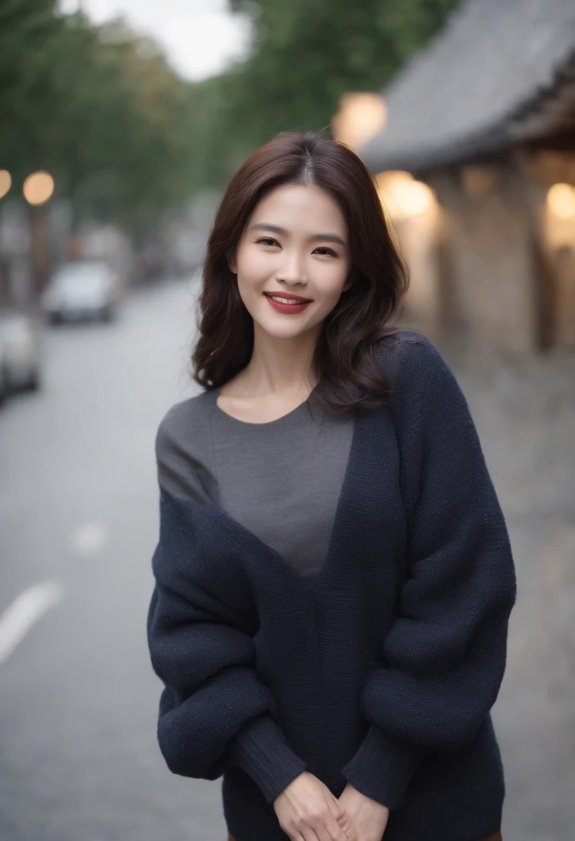 full body Esbian, Very huge，Tight sweater, Roadside in the big city， A big smile, Left wristwatch，Black hair was long and pulled down, dual，Thick lips，very beautif，Elderly woman in Japan