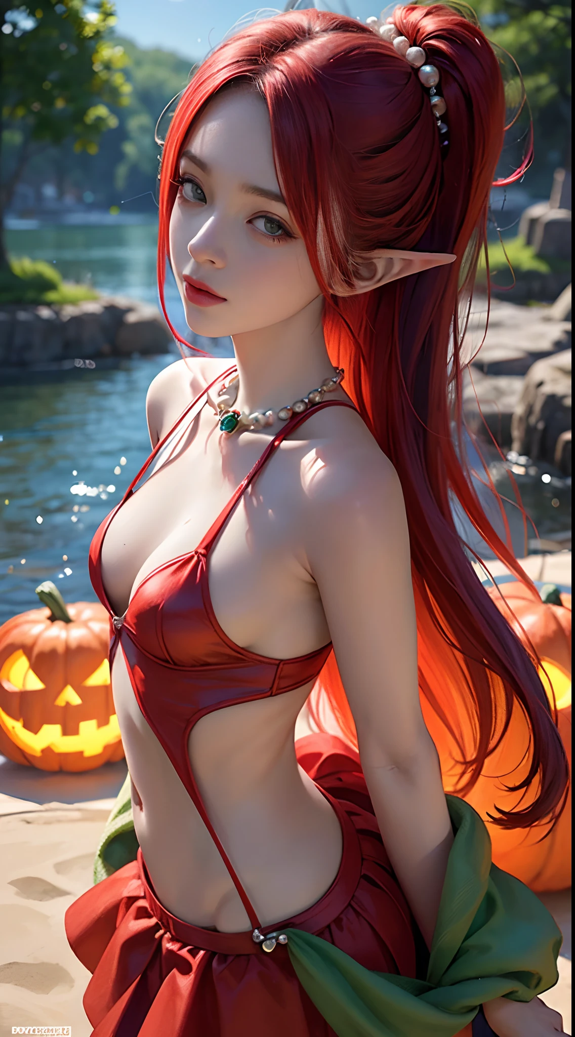young Noriko Sakai, blazing crimson red hair, masterpiece, best quality, photorealistic, long pointy elf ears, glowing green sparkly skin, soft lighting, bodycon, voluptous, cleavage, windy cliff, sunny backlighting, bloom, light sparkles, sharp focus, colorful crimson liquid gel shower, succubus cosplay, close up, fashion designer, respledent tiny skull pearls, halloween pumpkin, baroque, in the style of Victor Ngai