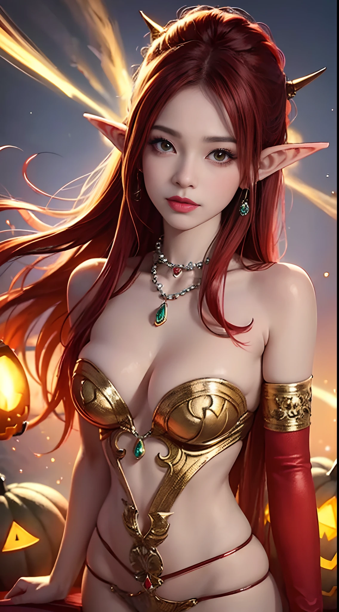 young Noriko Sakai, blazing crimson red hair, masterpiece, best quality, photorealistic, long pointy elf ears, glowing green sparkly skin, soft lighting, bodycon, voluptous, cleavage, windy cliff, sunny backlighting, bloom, light sparkles, sharp focus, colorful crimson liquid gel shower, succubus cosplay, close up, fashion designer, respledent tiny skull pearls, halloween pumpkin, baroque, in the style of Victor Ngai