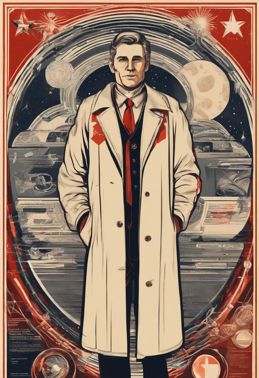 A scientist in a scientific coat turned his back to us,looking at the stars,hard core,Technologie,Red monochrome,USSR Poster,urss,communism