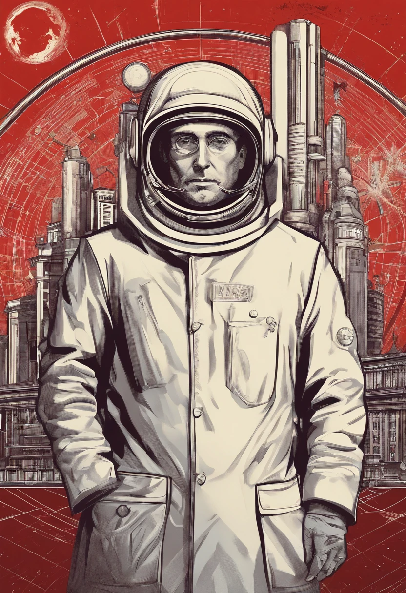 A scientist in a science coat has his back to us,looking at the stars,hard core,Technologie,Red monochrome,USSR Poster,urss,Communism