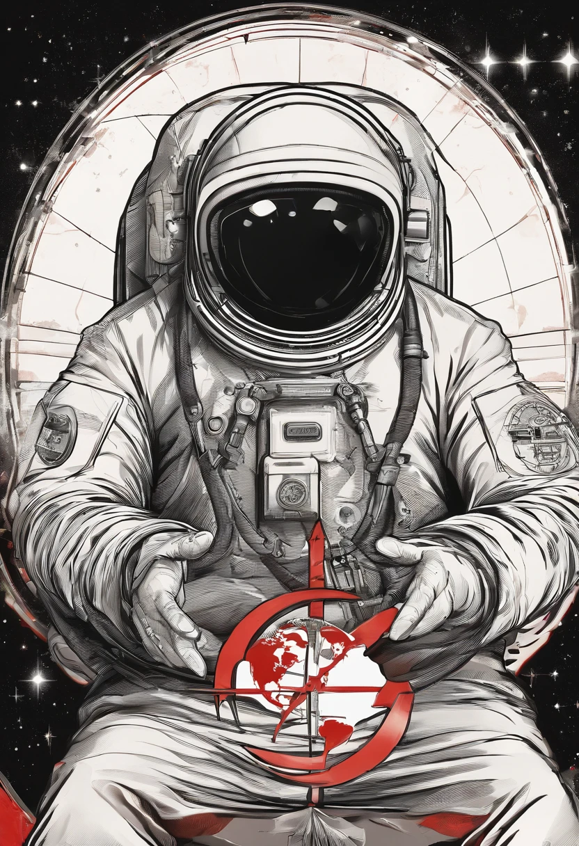 A scientist in a scientific coat turned his back to us,looking at the stars,hard core,Technologie,Red monochrome,USSR Poster,urss,communism
