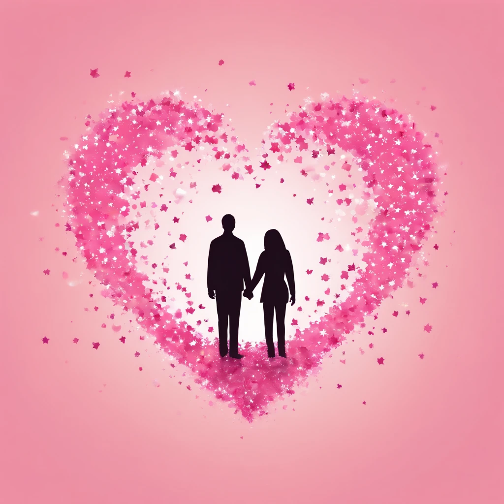 On a gradient background of light pink and white, In the center, You can see the silhouettes of two people standing hand in hand, Small heart-shaped confetti and shining stars are scattered. The edges are surrounded by fresh petals