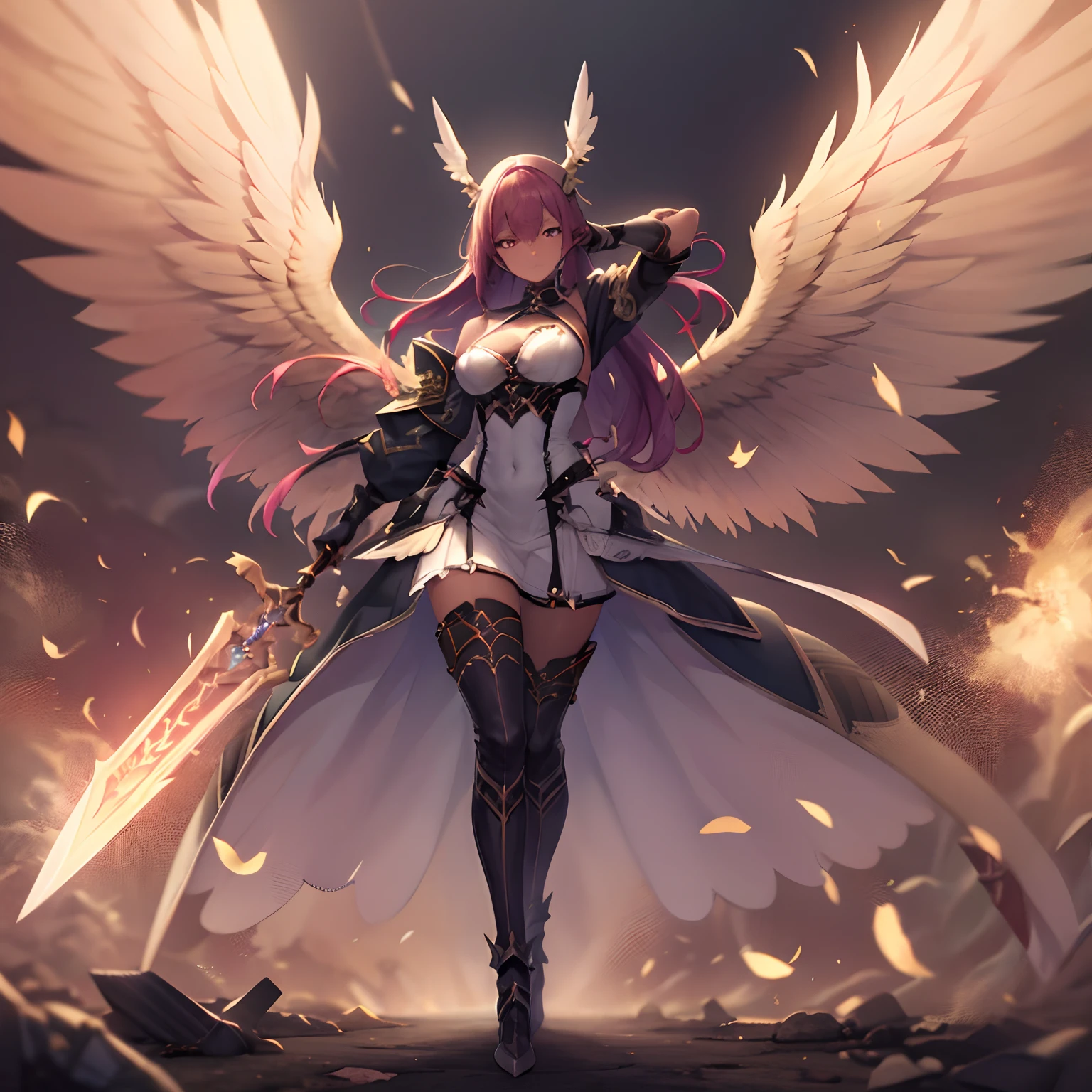 Future Girl, Dark skin, a purple eye, spaces, Purple hair, Blue hair, Pink hair, Long hair, Dark skin, Futuristic Coffee Shop Girl 1, spreading her wings, wearing a coat of white feathers,,, Wings full of the back, Radiant Hello, long hair flowing, Mechanical wings dancing delicately at the waist, Medium Figure, Sunken navel, curtains of white feathers on the pelvis move slightly,,, Mini wings scattered on the body, multiple wings with a yellow sheen,, Soft yellow fire between the wings.((16 K,Ultra Definition、The highest masterpiece,Best Quality)), maxiskit, dress conservatively 1 girl, 独奏, Full body, wide shoot, Graceful standing, holding sword down, White hair, Long hair, valkyrie, armor, Angel, White bra, side bun, from the front side, extra size body, Night, mont, look at viewr（（Super best quality））， （（A very masterpiece））， （（super detailing：1.4））， （（hyper realistic lifelike 3d））， Dragon Warrior Girl， Mechanical body， Dynamic action poses in battle scenes， Mechanical weapons of very complex and heavy fighters， Off-the-shoulder fashion that blends dense and complex steampunk with dense gothic lolita， Complex steampunk headgear， very thin long legs， Mechanical boots above the knee， Fluttering lace flared mini skirt， beautiful small breasts directed upwards，Slightly long, vertically curly silver hair flutters in the wind，Countless shining large spheres flying around，Many sparks cross and fly，Countless neon signs rained down from magic-evoking gestures，Steampunk Factory，Complex and precise mechanical ruins，Very dark night background，Very dramatic and cinematic lighting。