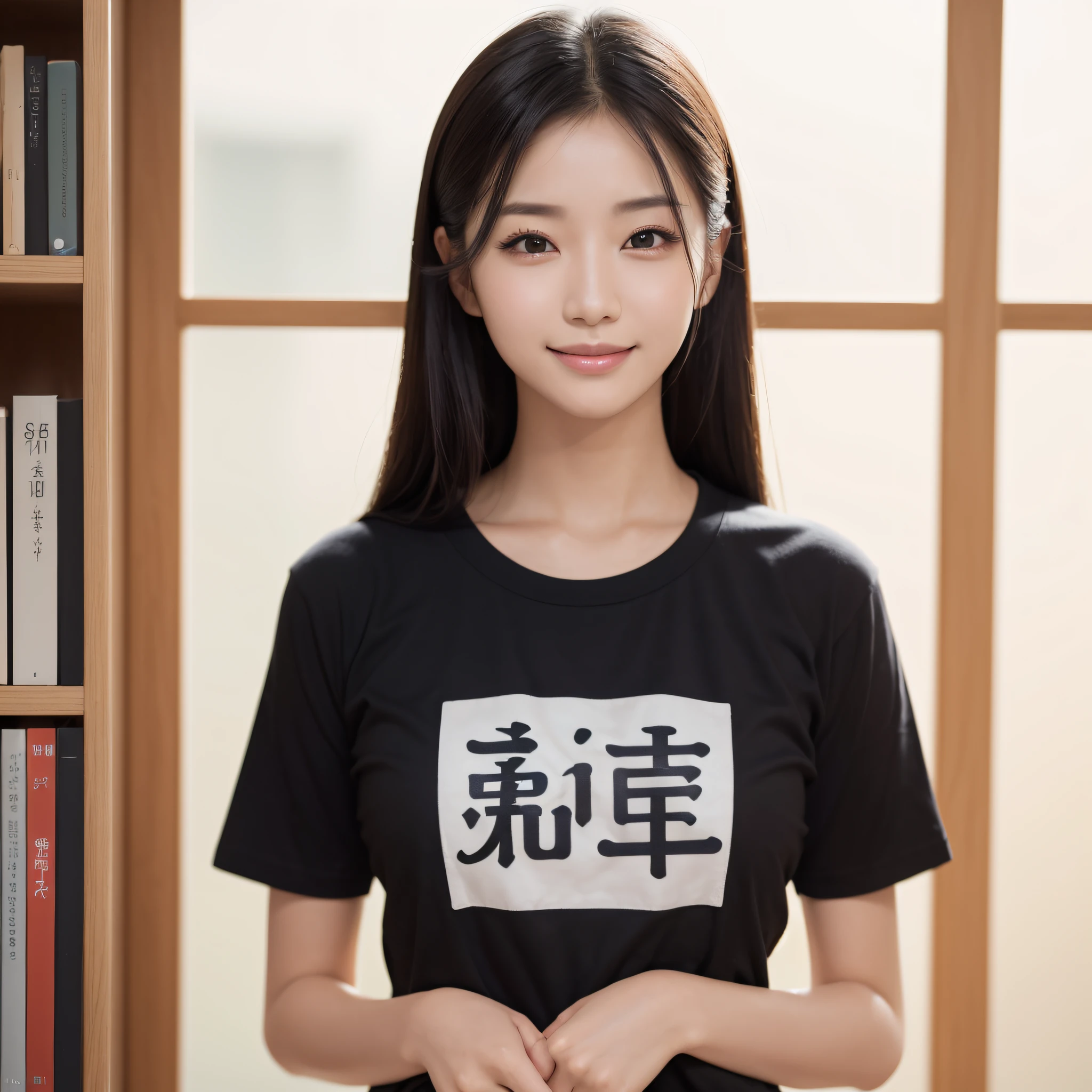 One beauty、((best qualtiy、8k masterpieces:1.3))、foco nítido:1.2、(ultra beautiful faces:1.0)、(shinny skin:1.0)、photos realistic、A dark-haired、Video Lighting、High-definition eyes and face、Video Lighting、Korean Idols、from the front side、medium breasts、Smile、Slender Abs Beauty、Whole body、Wearing a T-shirt with Japan kanji written on it、at the library