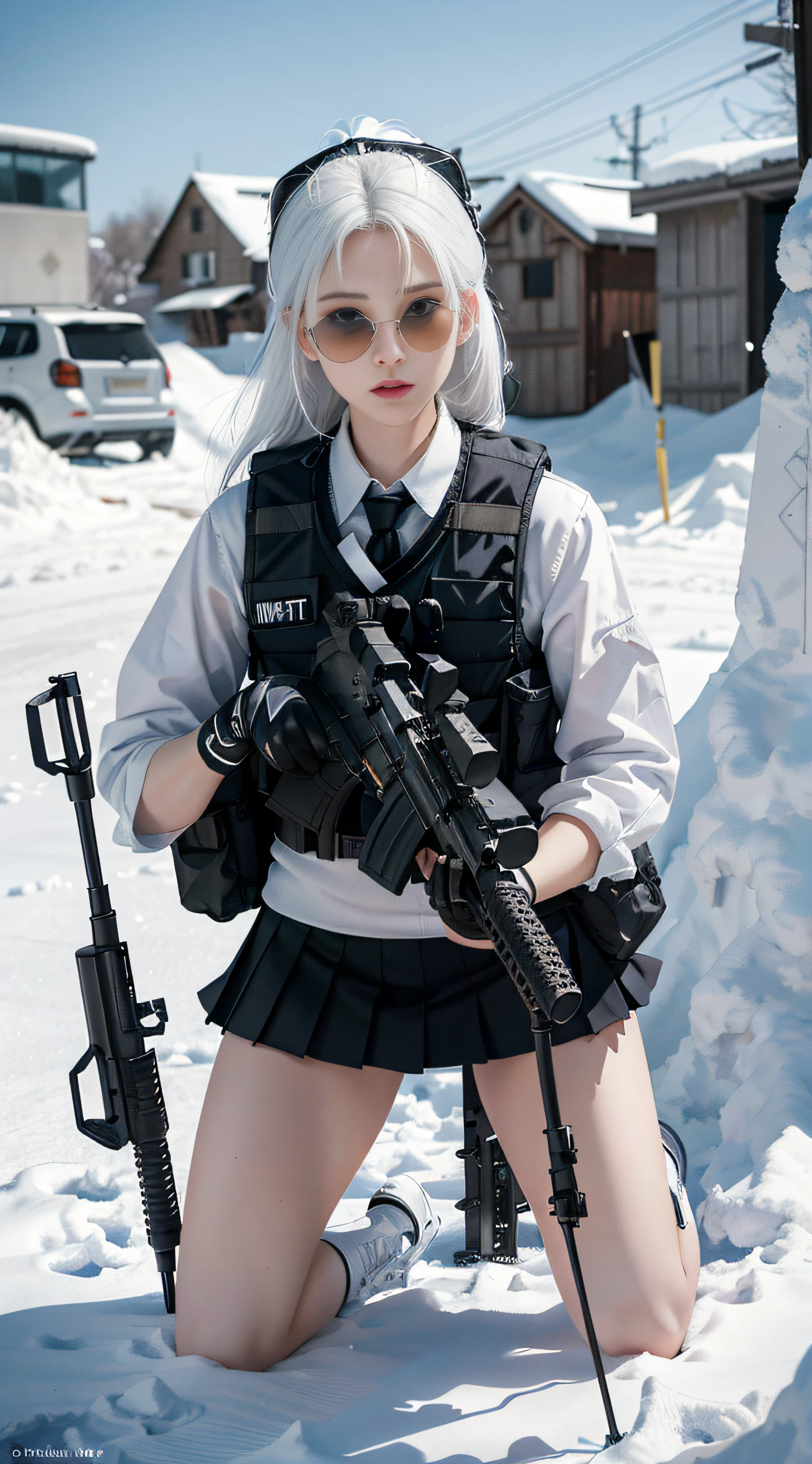 ((Best quality)), (Masterpiece), Photorealistic, Photorealism, A girl kneels and aims with an AK-47 assault rifle, Mini skirt, (upper legs), Photorealistic, high resolution,Snow background, looking to the camera, (Detailed face), White hair, SWAT vests, Gun, jewelry,Black gloves, sunglasses on head, Fingers are occluded