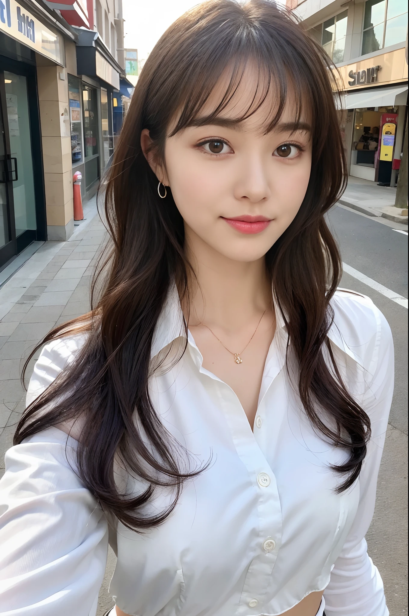 (8k, RAW photos, top quality, masterpiece: 1.2), ultra detailed, super resolution, (real, real photos: 1.37), portraits, high definition RAW color photos, professional photos, very detailed and beautiful, highly detailed, 8k wallpapers, amazing details, huge file size, official art, highly detailed CG Unity 8k wallpapers, highly detailed beautiful girls, highly detailed facesHighly detailed eyes, highly detailed skin, highly detailed fingers, highly detailed nose, highly detailed mouth, perfect anatomy, highly detailed background, highly detailed clothing, one girl, (18:1.2), teen, cute girl, famous Japan idol, cute, realistic body, petite, white skin, radiant skin, slim body, handsome body, brown hair, short curly hair, (blunt bangs: 1.2) , smile, cute, youthful, pretty face, realistic face, delicate eyes, sagging eyes, white shirt, skirt, earrings, camera gaze, cowboy shot, front-facing, standing, contrappost, high street, dynamic lighting,